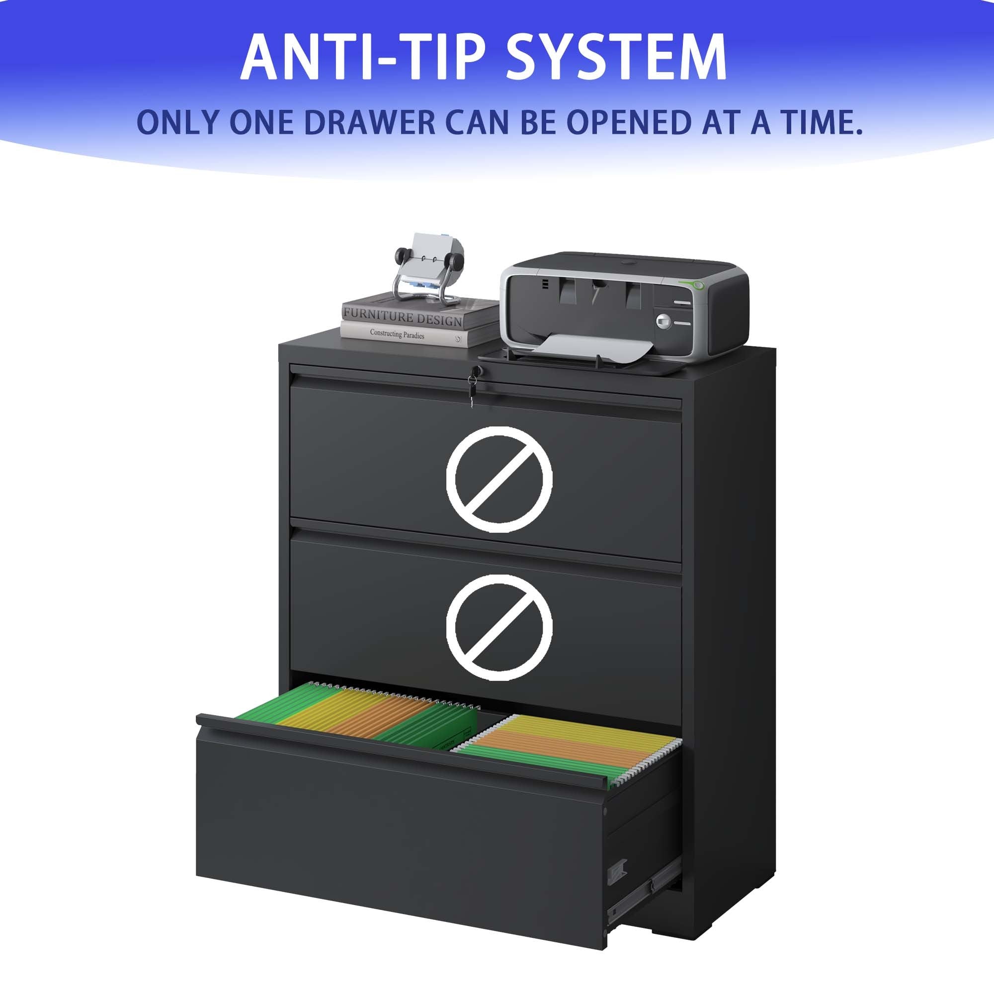 Lateral File Cabinet 3 Drawer, Black Filing Cabinet with Lock, Lockable File Cabinet for Home Office, Locking Metal File Cabinet for Legal/Letter/A4/F4 Size