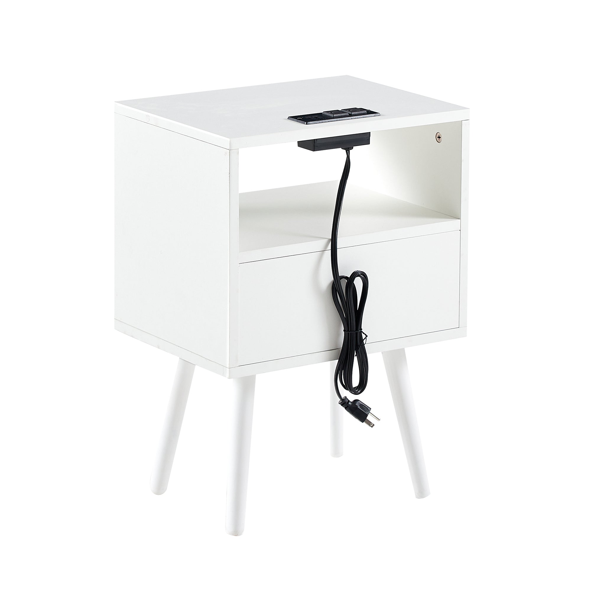 15.75" Rattan End table with Power Outlet  & USB Ports , Modern nightstand with drawer and solid wood legs, side table for living room, bedroom, white