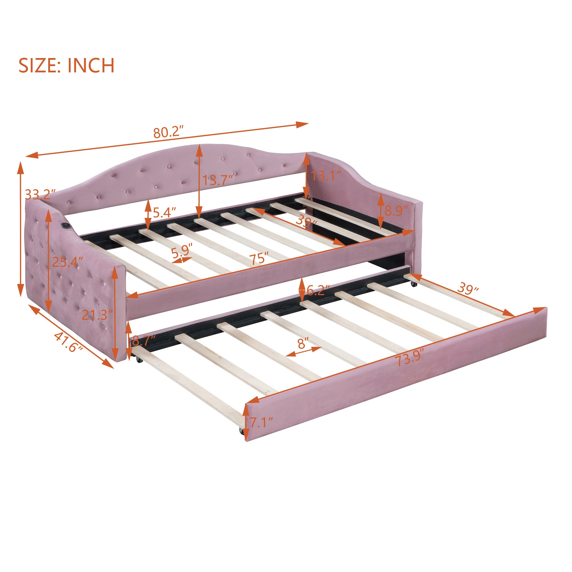 Twin Size Tufted Upholstered Daybed with Trundle ,Velvet Sofabed with USB&Type-C Charging Ports,No Box-spring Needed, Pink