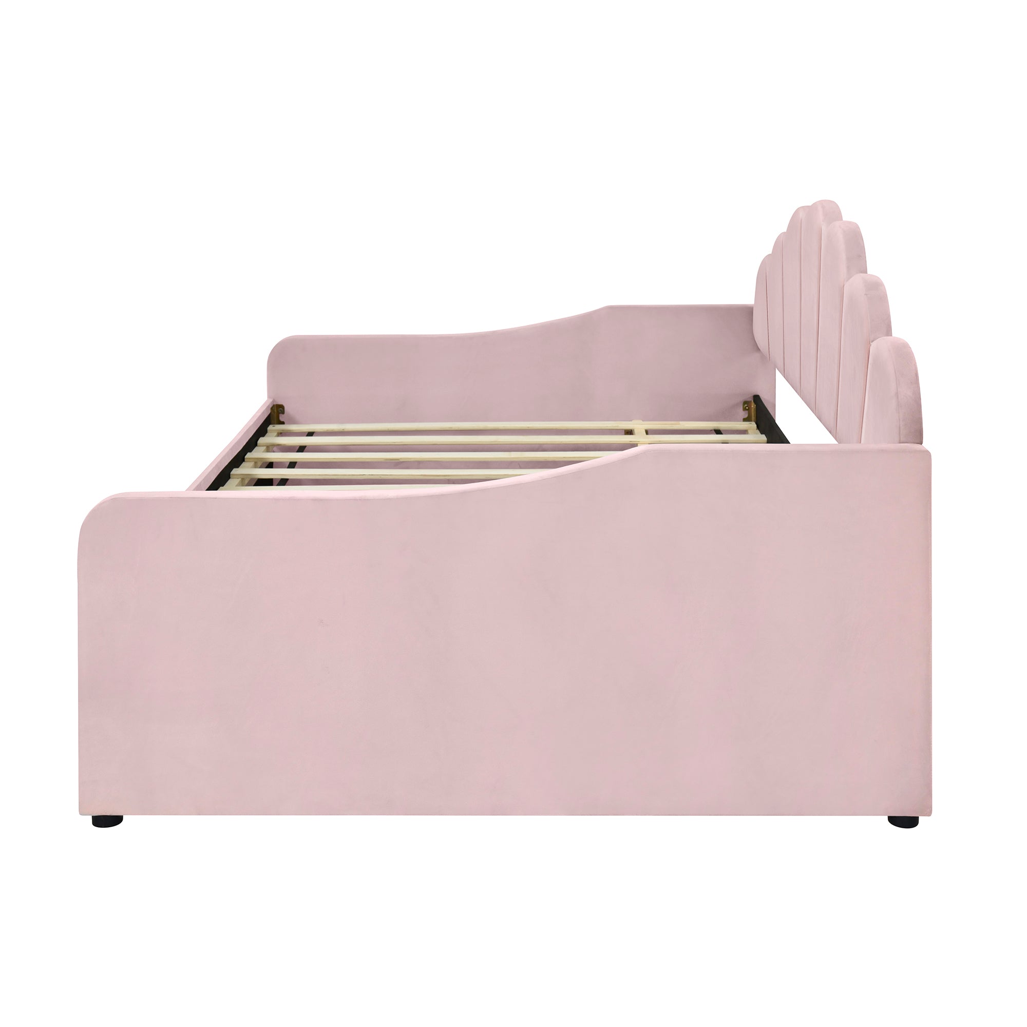 Full Size Upholstery Daybed Frame with Shall Shaped Backrest  and Trundle,Pink