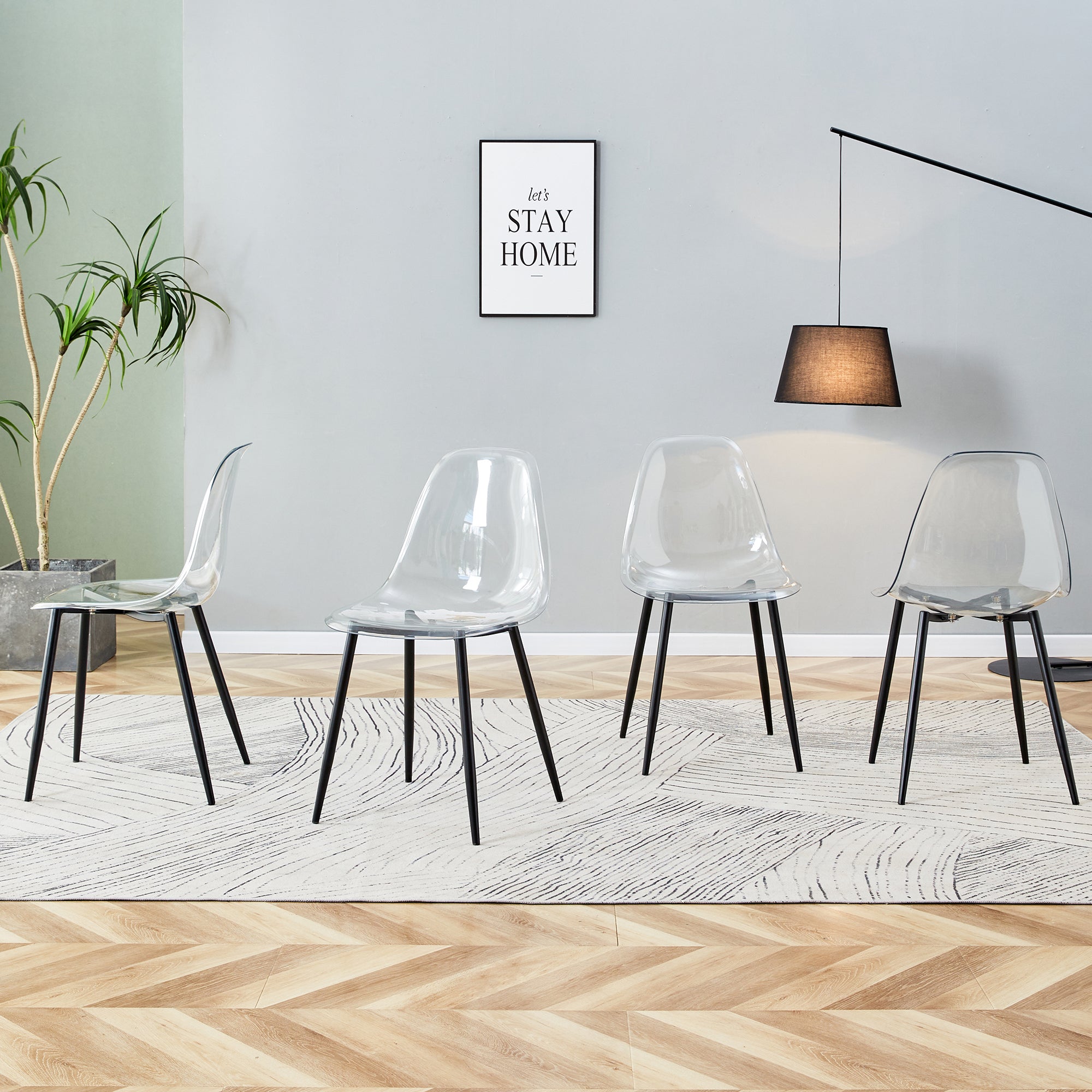 Modern minimalist transparent dining chair, plastic chair, armless crystal chair, Nordic creative makeup stool, negotiation chair, set of 4 pieces, black metal legs,TW-1200
