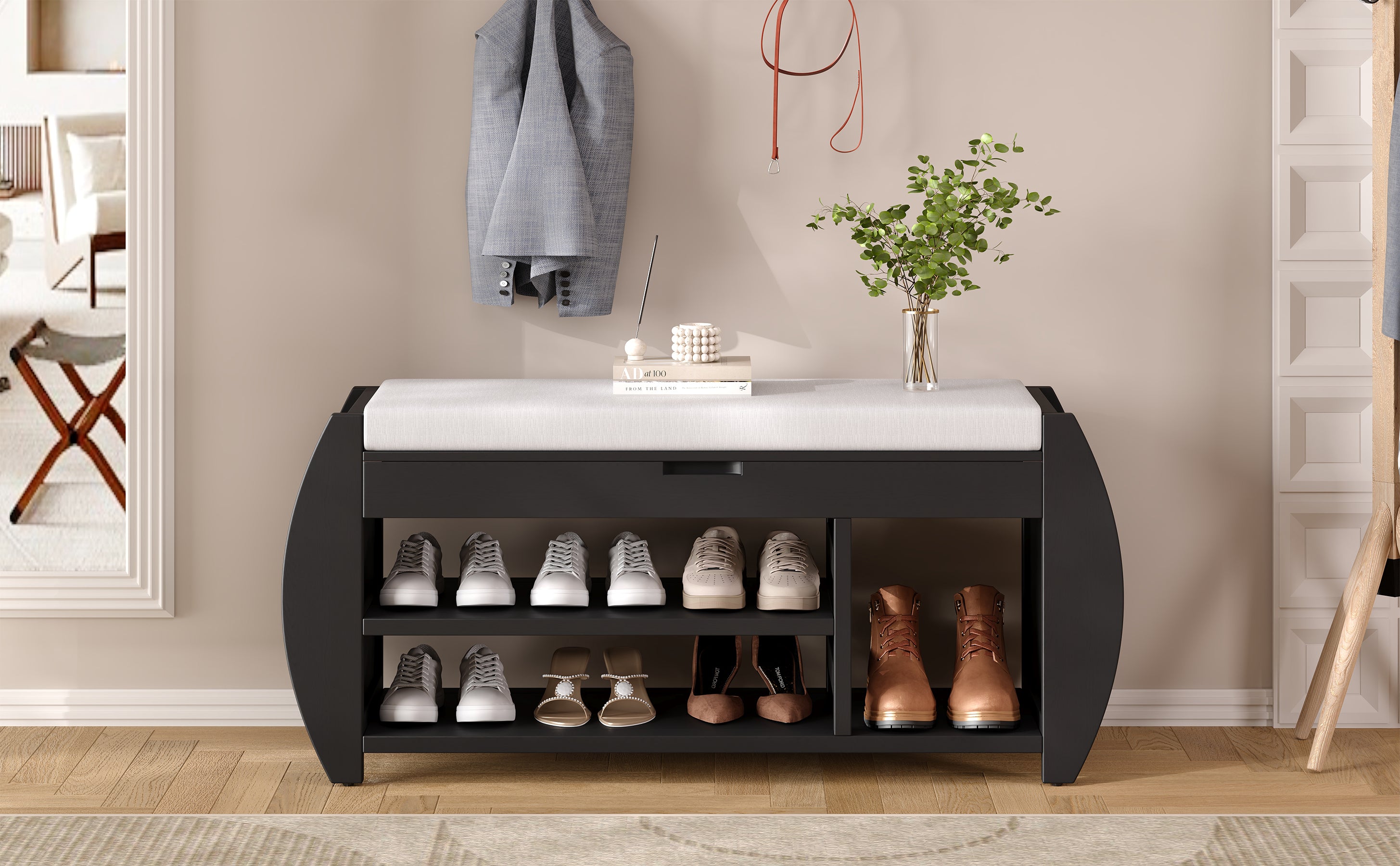 TREXM Retro Multifunctional Storage Bench with Cushion and Curved Side Panel for Entrance and Living Room (Black)