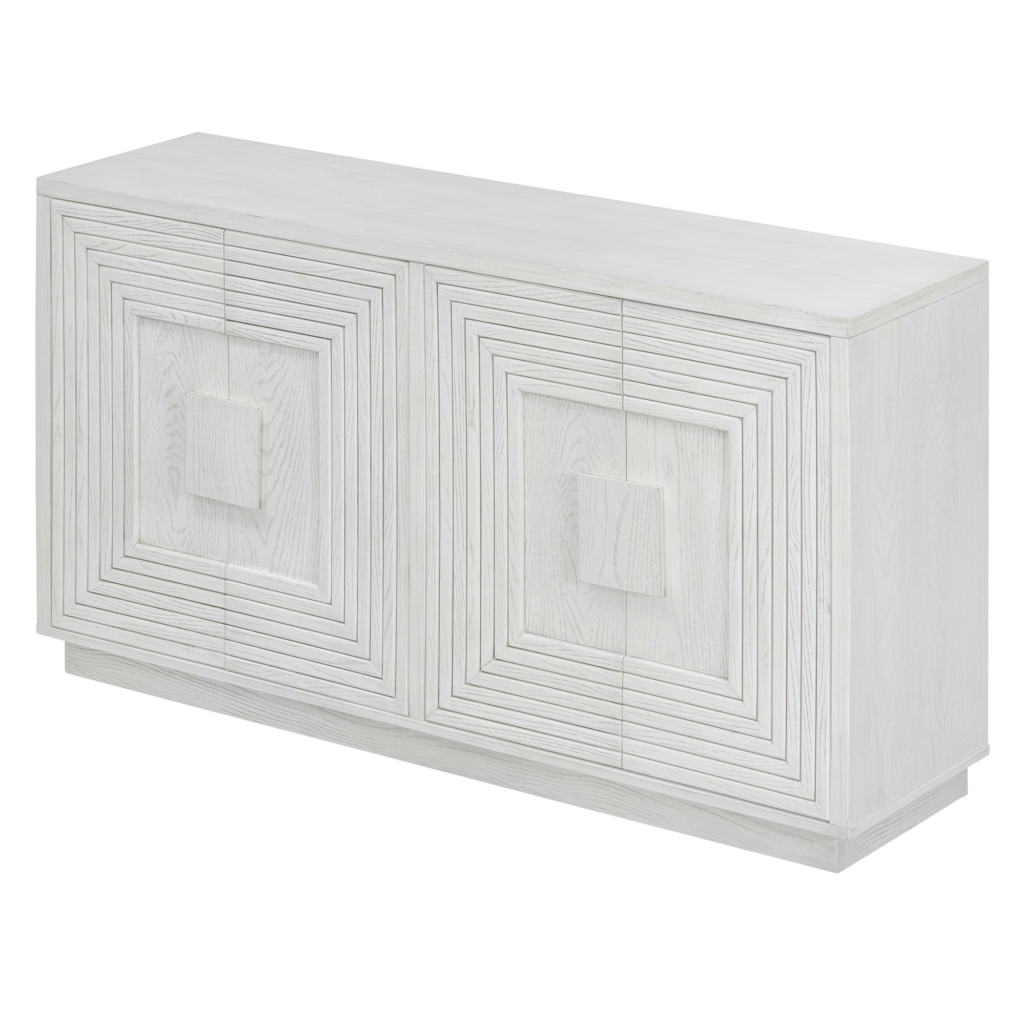 TREXM Vintage Distressed 4-Door Sideboard with Adjustable Shelves and Geometric Pattern for Dining Room, Kitchen and Living Room (Antique White)