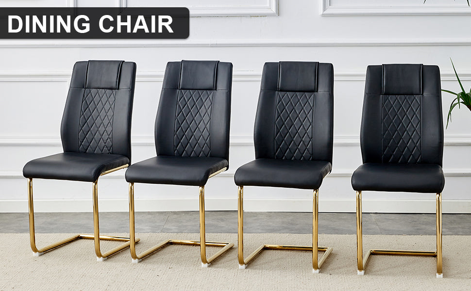 Modern dining chairs with faux leather padded seats, dining room chairs, gold metal leg upholstered chairs, suitable for kitchens, living rooms, bedrooms, and offices, set of 4 (black+PU leather)C-001