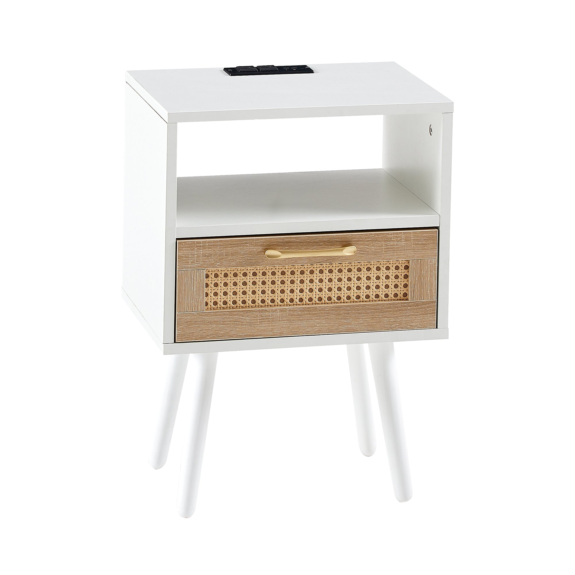 15.75" Rattan End table with Power Outlet  & USB Ports , Modern nightstand with drawer and solid wood legs, side table for living room, bedroom, white