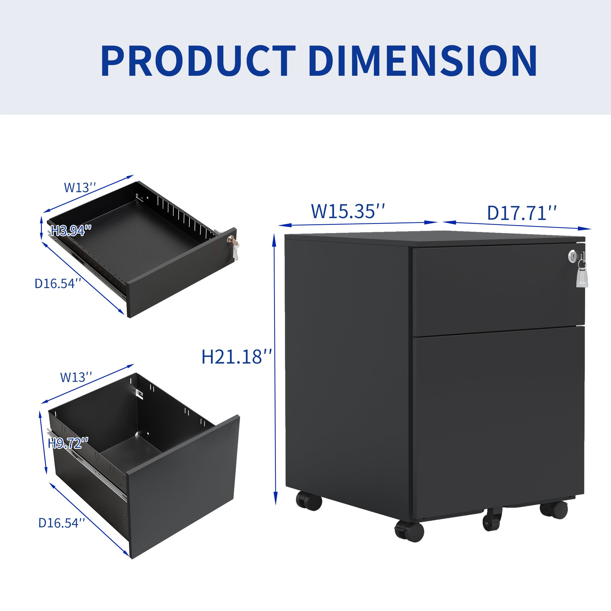 2 Drawer Mobile File Cabinet with Lock Steel File Cabinet for Legal/Letter/A4/F4 Size, Fully Assembled except for Wheels, Home/ Office Design, Black