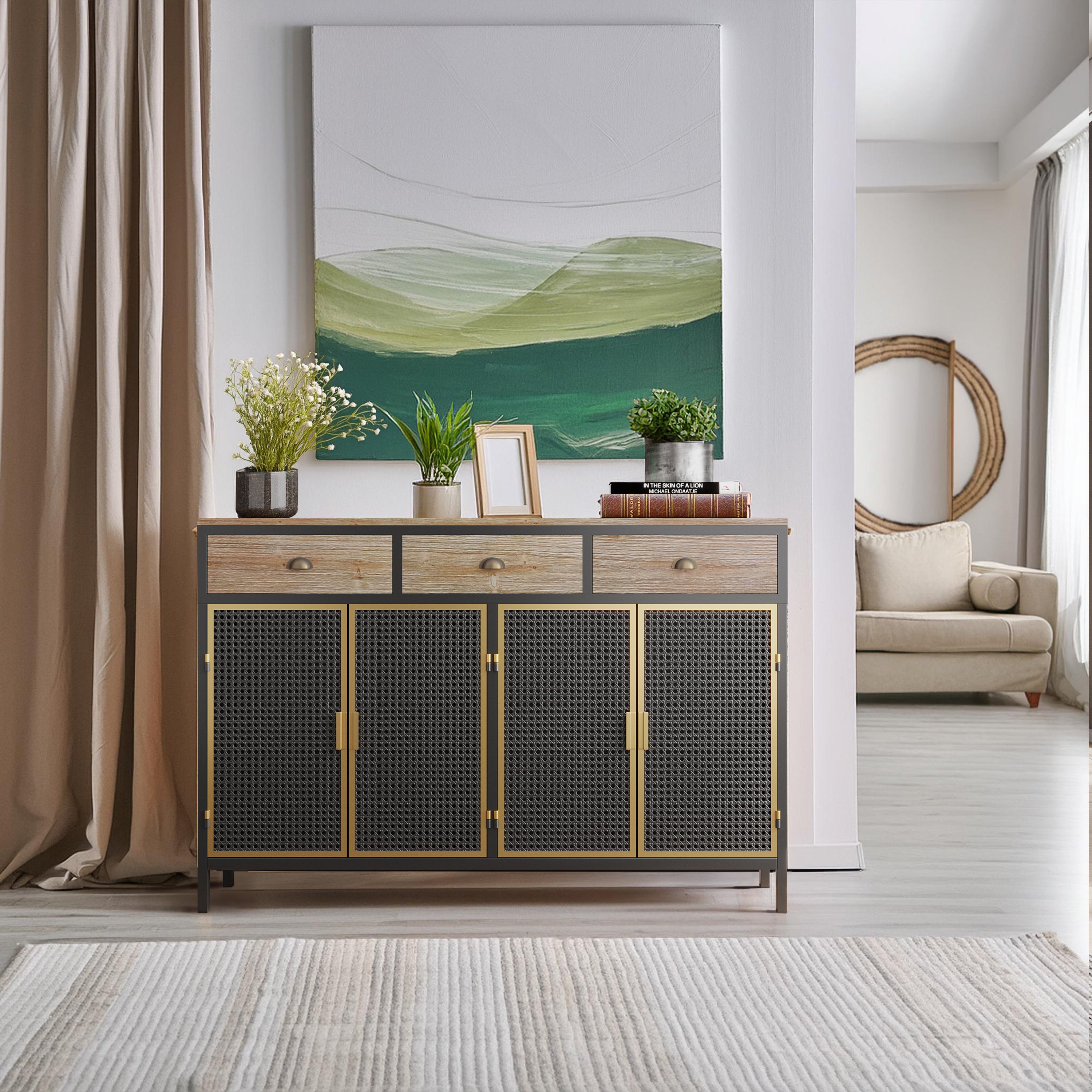 48" Wide  4 Doors Modern Sideboard with 3 Top Drawers, Freestanding Sideboard Storage Cabinet Entryway Floor Cabinet for Living Room Office Bedroom