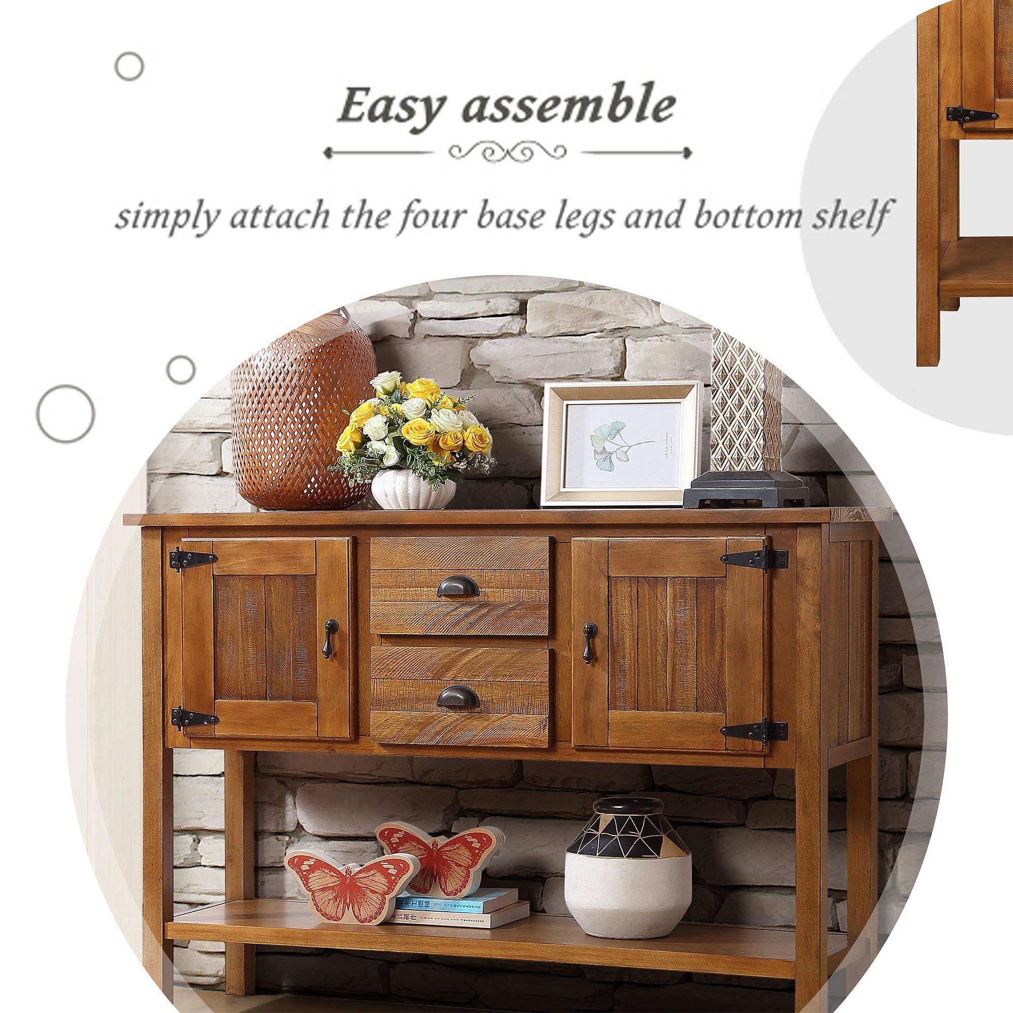 48'' Solid Wood Sideboard Console Table with 2 Drawers and Cabinets and Bottom Shelf, Retro Style Storage Dining Buffet Server Cabinet for Living Room Kitchen Dining Room(Brown)