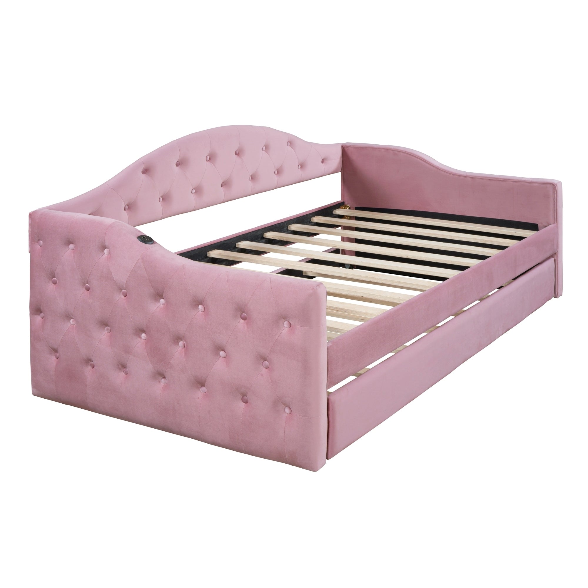 Twin Size Tufted Upholstered Daybed with Trundle ,Velvet Sofabed with USB&Type-C Charging Ports,No Box-spring Needed, Pink