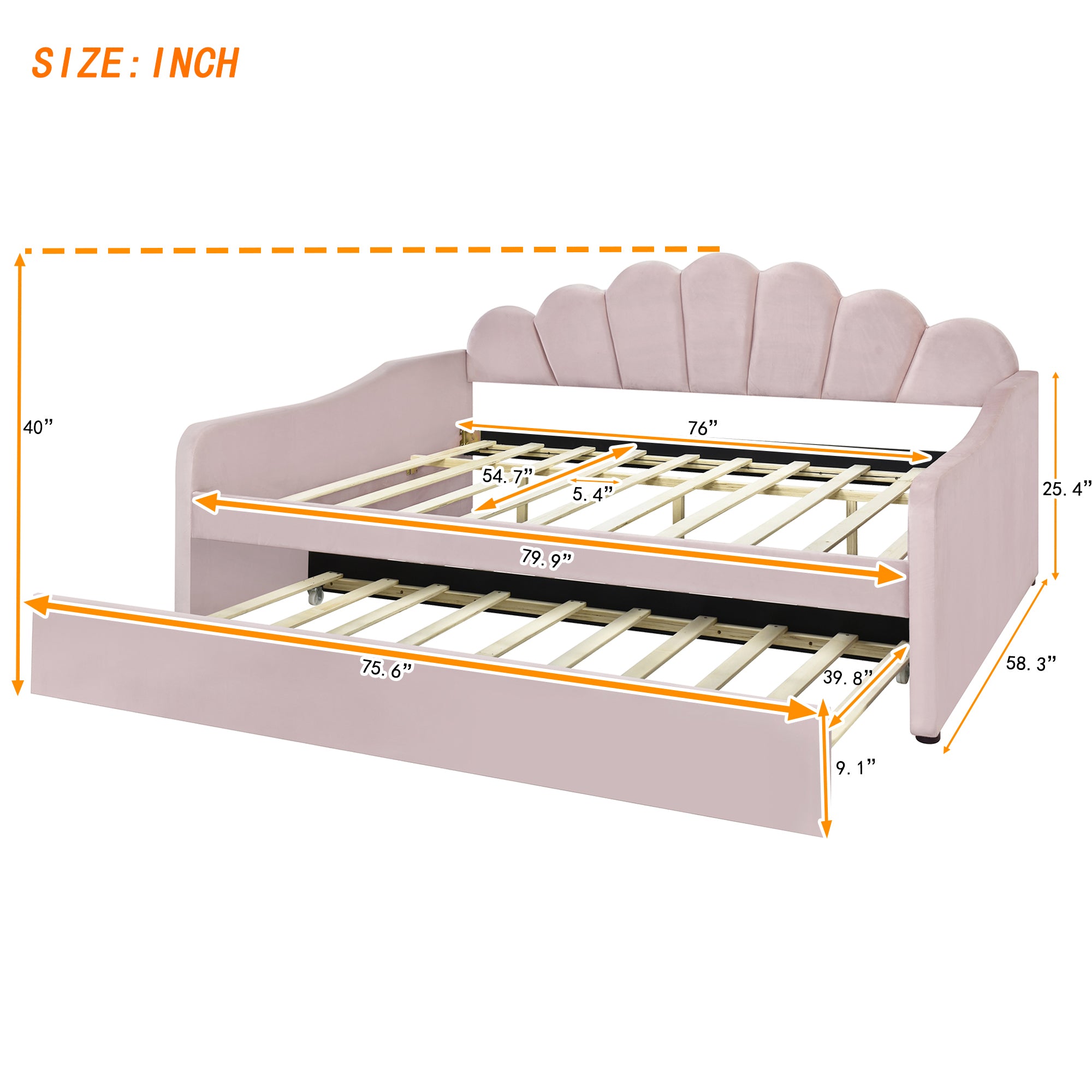 Full Size Upholstery Daybed Frame with Shall Shaped Backrest  and Trundle,Pink