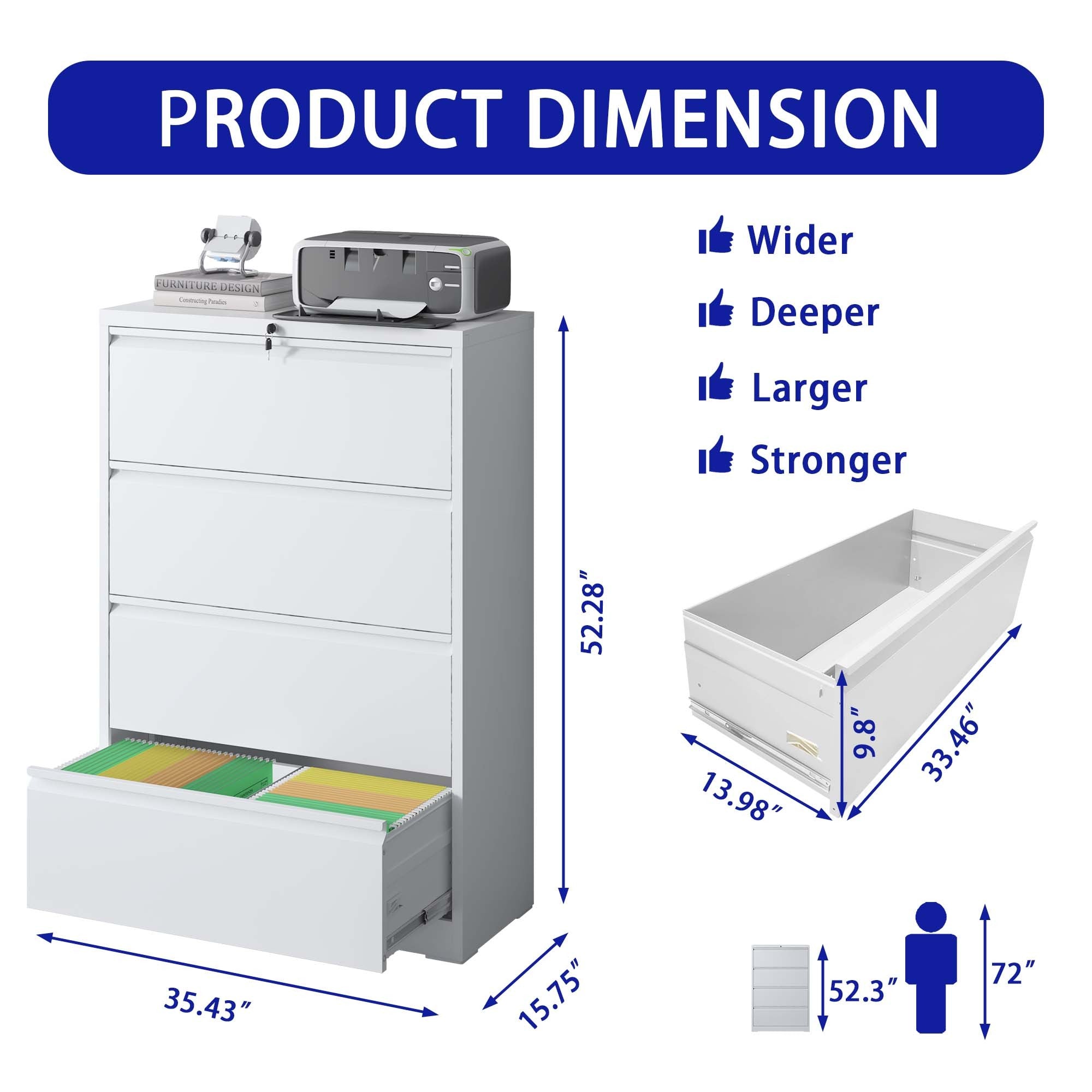 Lateral File Cabinet 4 Drawer, White Filing Cabinet with Lock, Lockable File Cabinet for Home Office, Locking Metal File Cabinet for Legal/Letter/A4/F4 Size