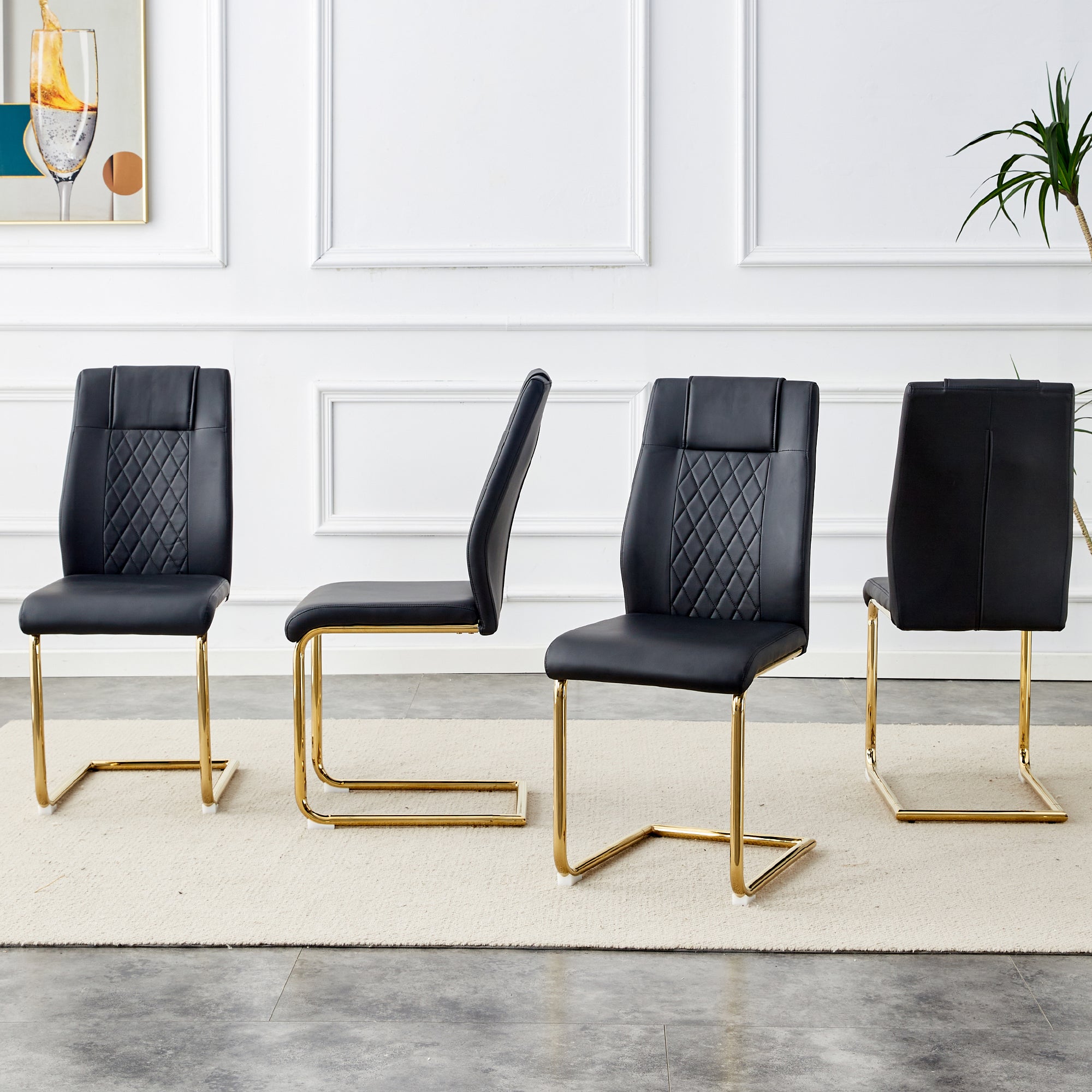 Modern dining chairs with faux leather padded seats, dining room chairs, gold metal leg upholstered chairs, suitable for kitchens, living rooms, bedrooms, and offices, set of 4 (black+PU leather)C-001