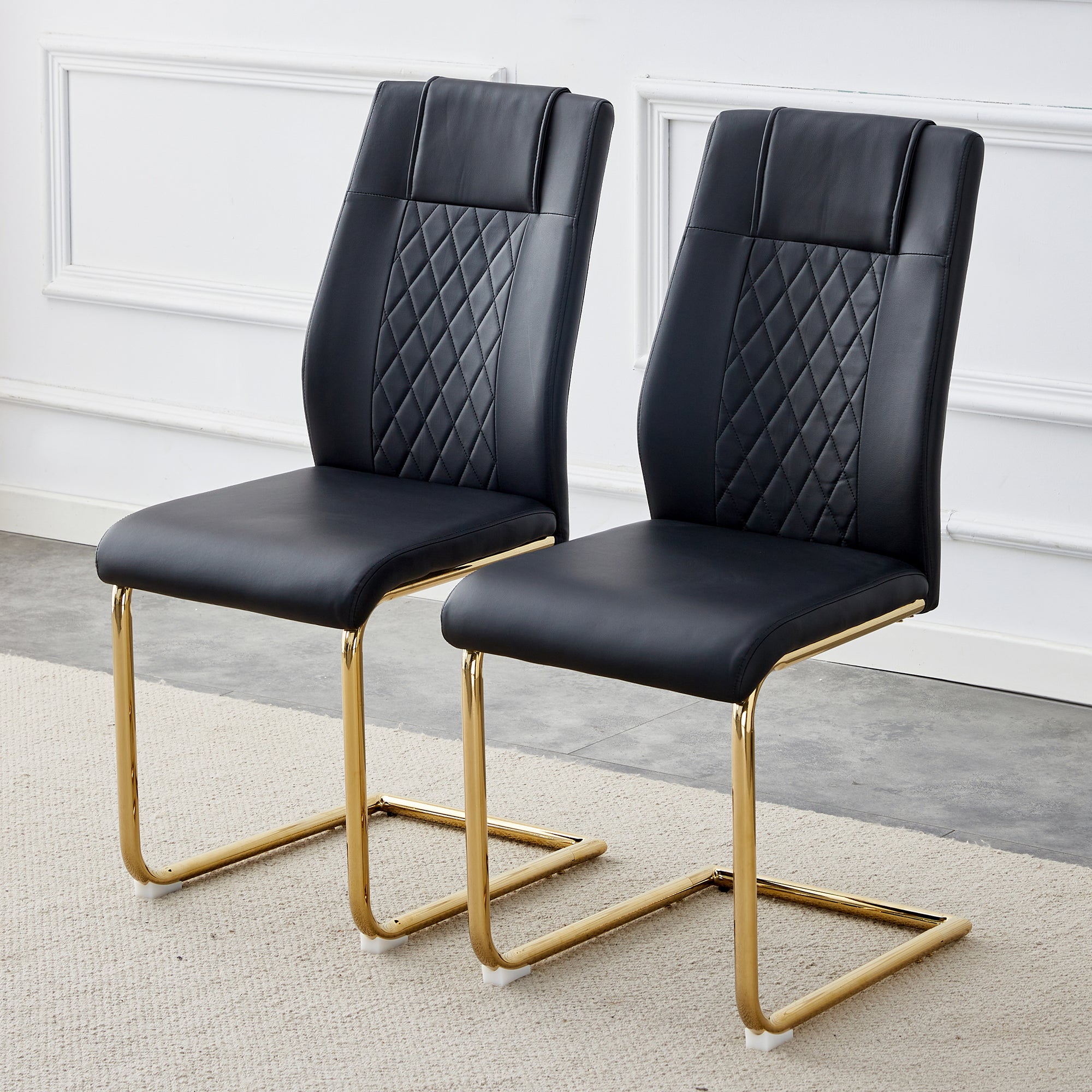 Modern dining chairs with faux leather padded seats, dining room chairs, gold metal leg upholstered chairs, suitable for kitchens, living rooms, bedrooms, and offices, set of 4 (black+PU leather)C-001