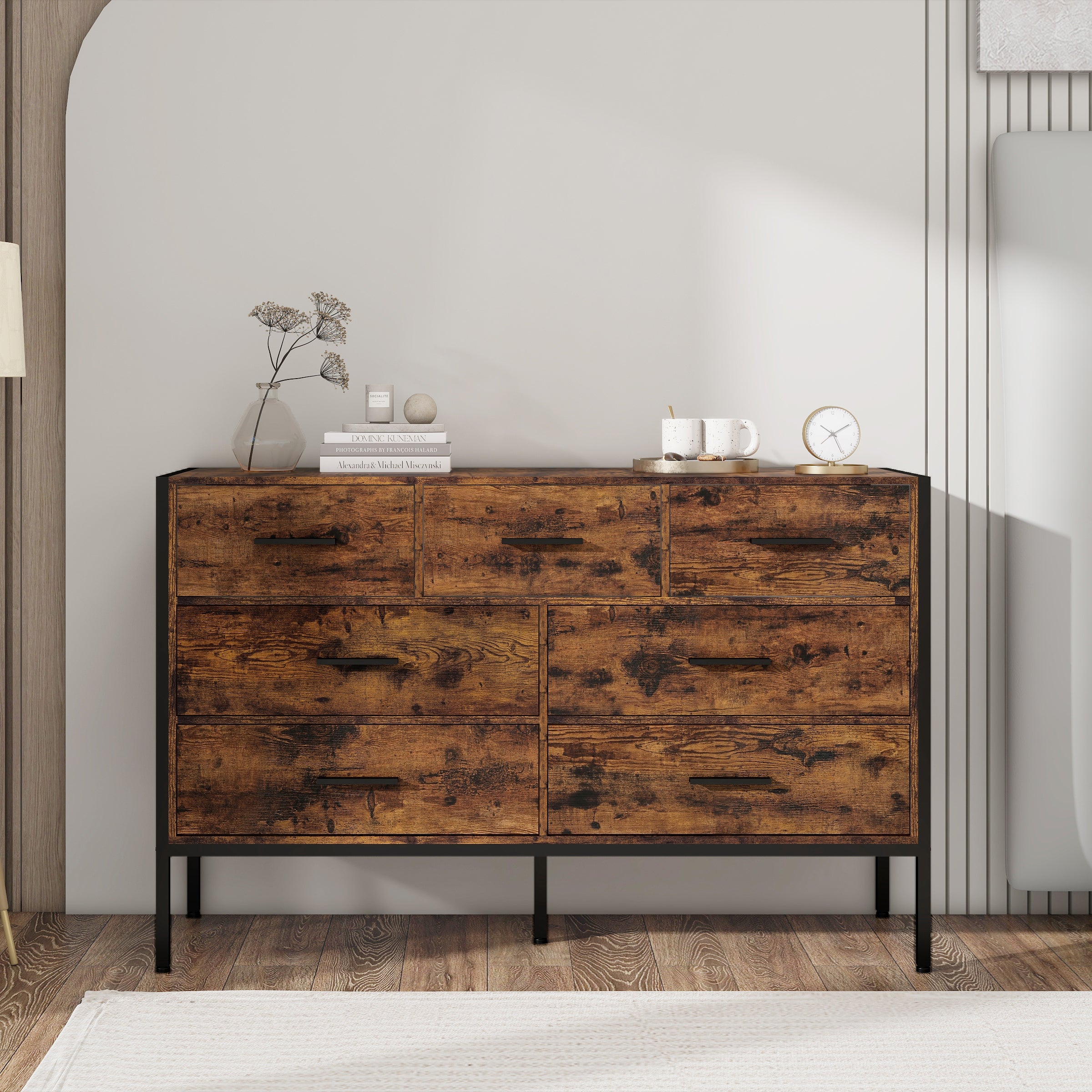 Wood Dresser with 7 Drawers, Wooden Storage Closet for Bedroom, Solid Clothes Cabinet with Sturdy Steel Frame, 48.58"W×15.75"D×31.22"H, 48 inch, Rustic Brown