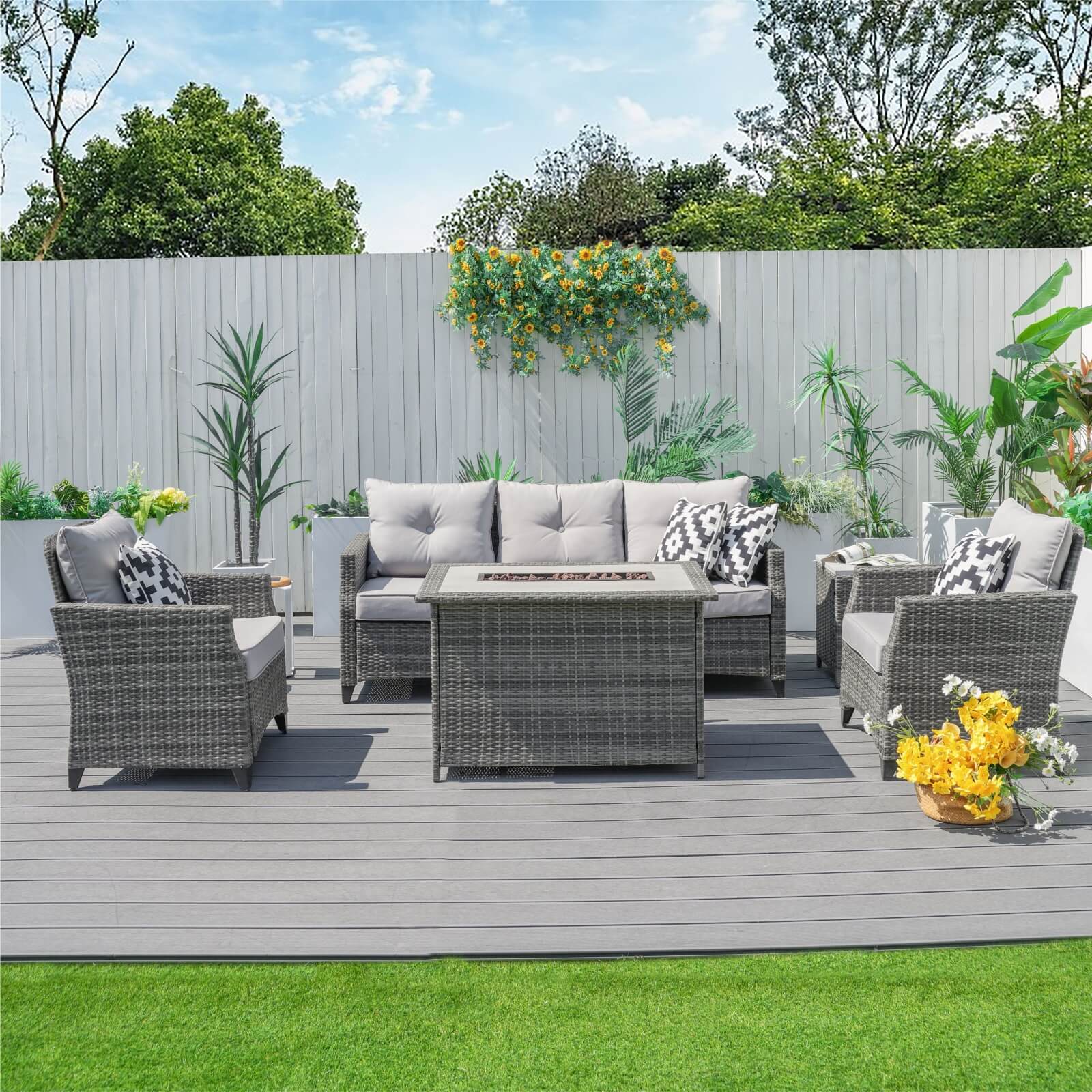5-Piece Outdoor Fire Pit Patio Set with Gray Sofas and Fire Pit Table(PAF-1802P)