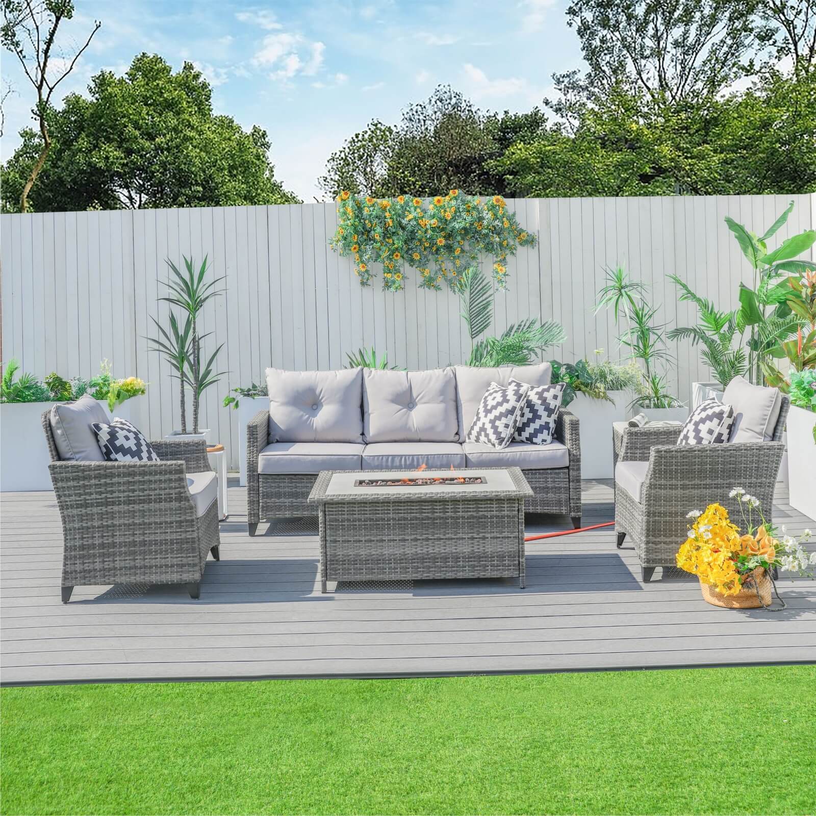 5-Piece Outdoor Fire Pit Patio Set with Gray Sofas and Fire Pit Table(PAF-1802P)