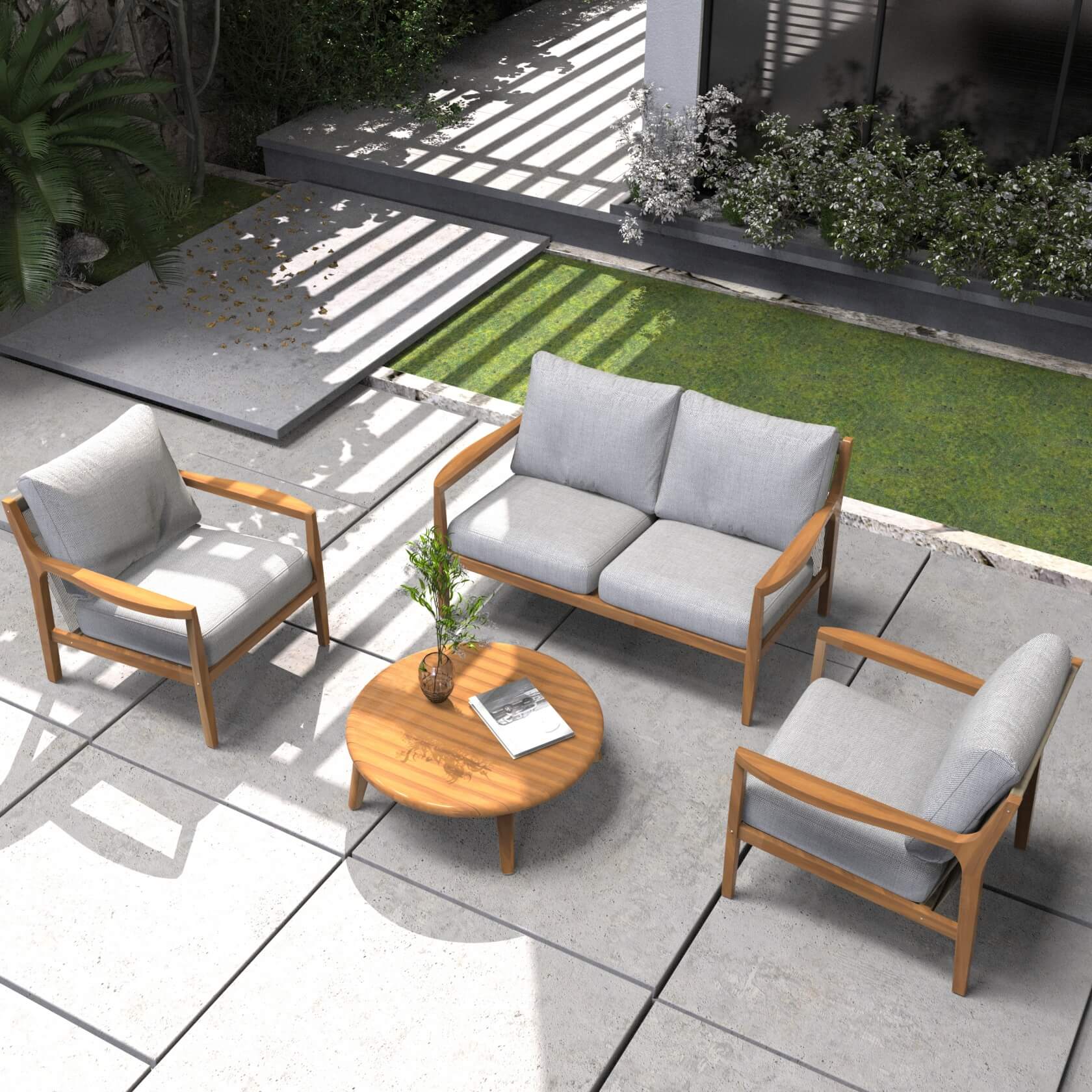 4-Piece Rustic Acacia Wood Patio Set – Loveseat, Chairs & Coffee Table(PAS-2513-2SC+SC*2+TA)