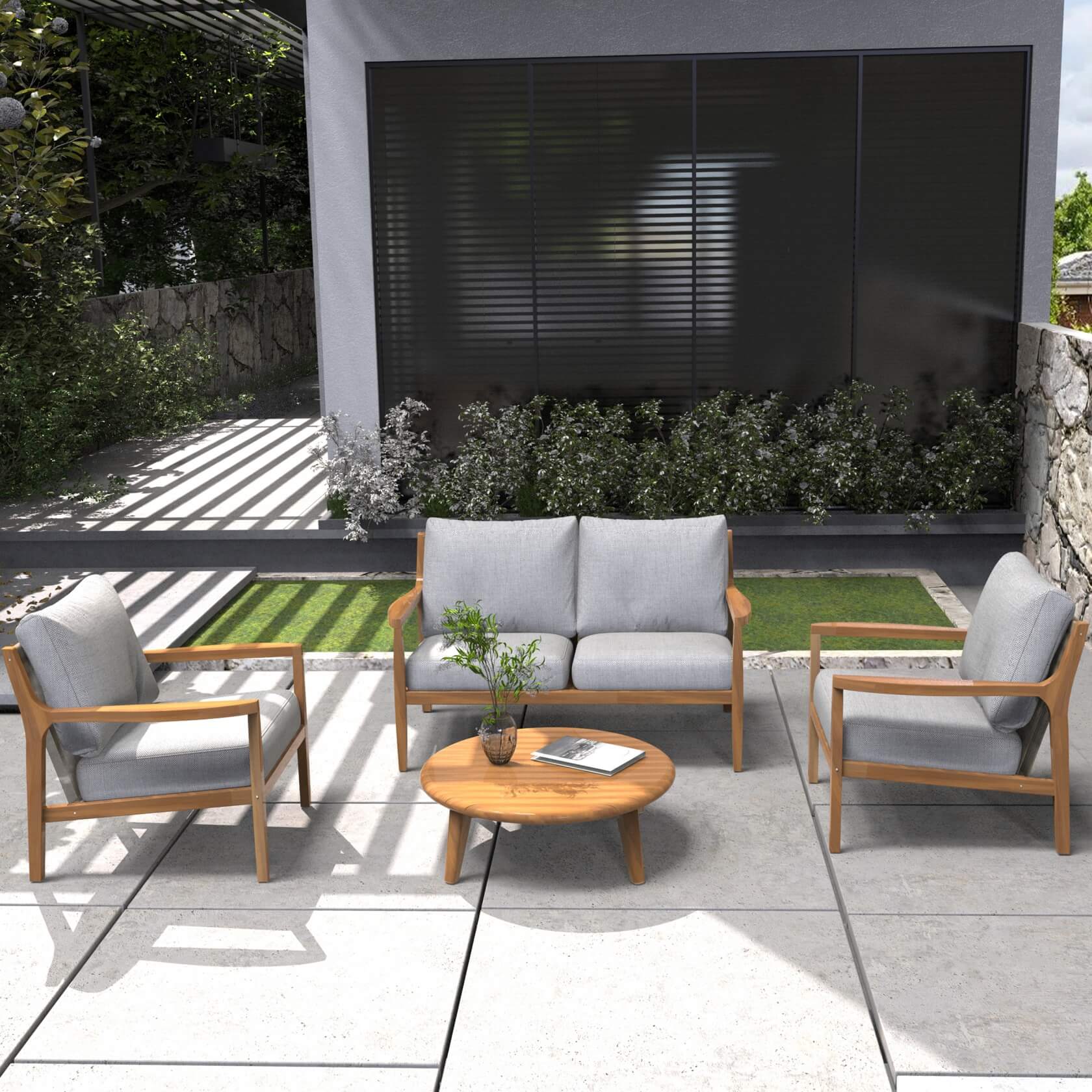 4-Piece Rustic Acacia Wood Patio Set – Loveseat, Chairs & Coffee Table(PAS-2513-2SC+SC*2+TA)
