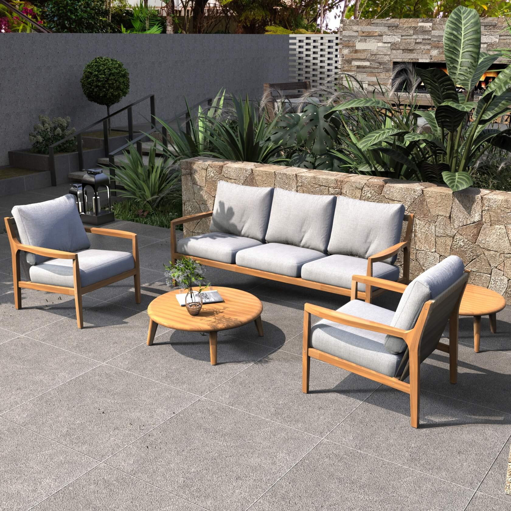 5-Piece Acacia Patio Set – Sofa & Table for Outdoor Gatherings(PAS-2513-3SC+SC*2+TA+ST)