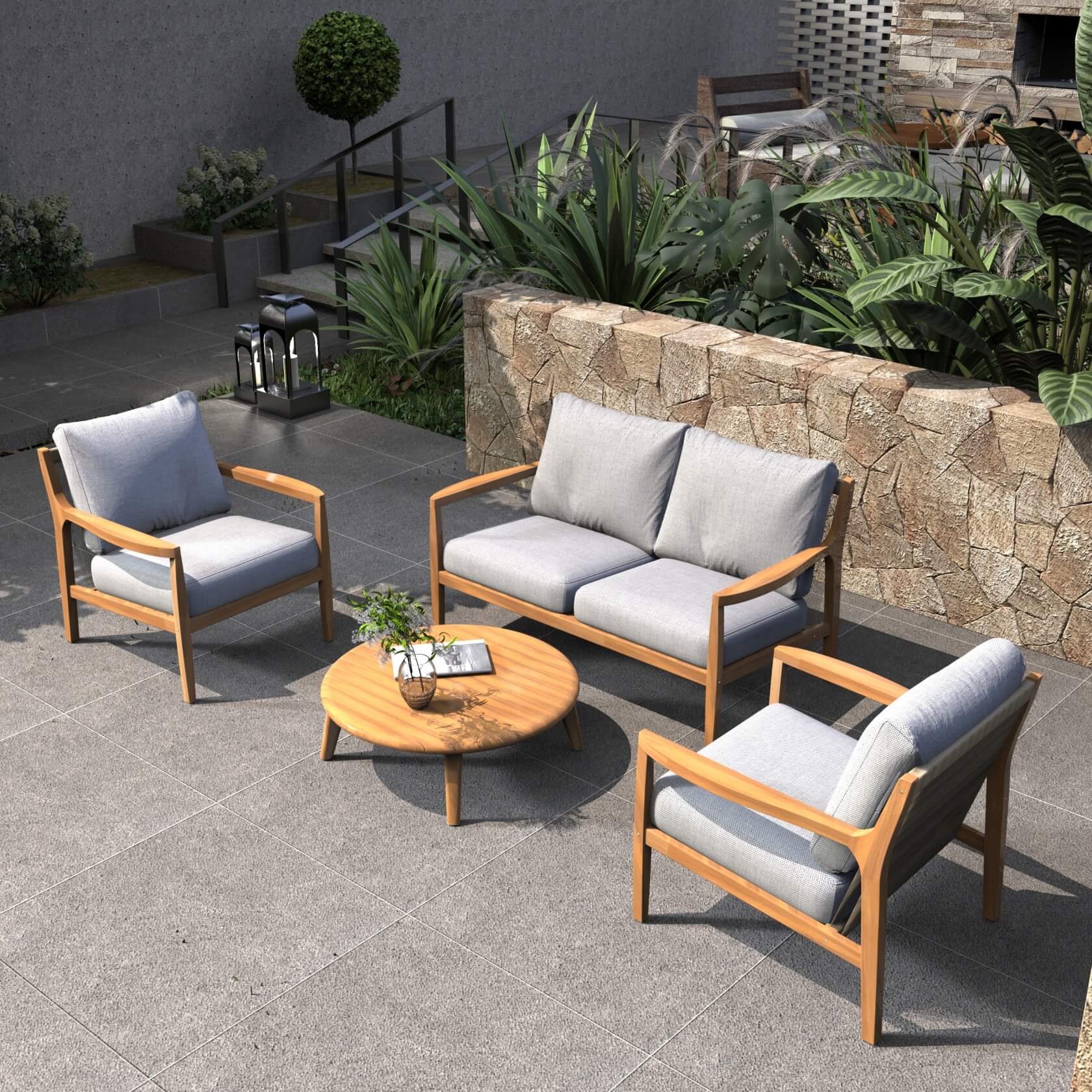 4-Piece Rustic Acacia Wood Patio Set – Loveseat, Chairs & Coffee Table(PAS-2513-2SC+SC*2+TA)