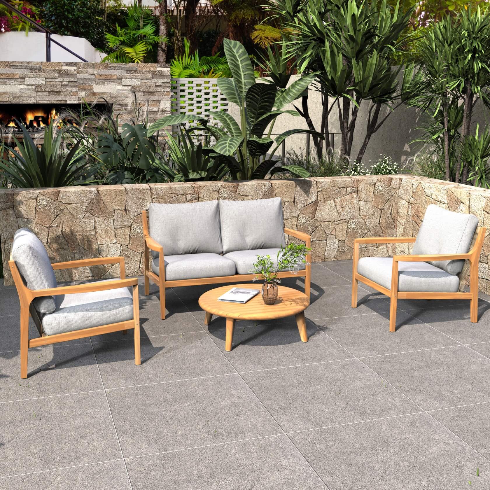 4-Piece Rustic Acacia Wood Patio Set – Loveseat, Chairs & Coffee Table(PAS-2513-2SC+SC*2+TA)