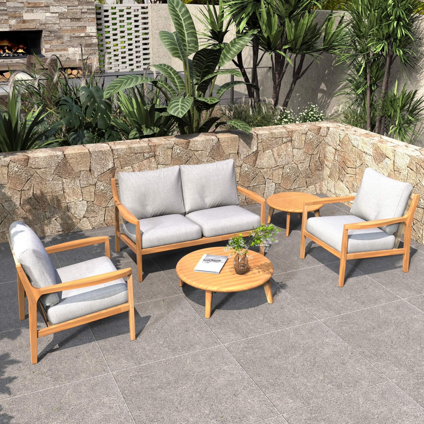5-Piece Solid Acacia Wood Outdoor Sofa Set(PAS-2513-2SC+SC*2+TA+ST)