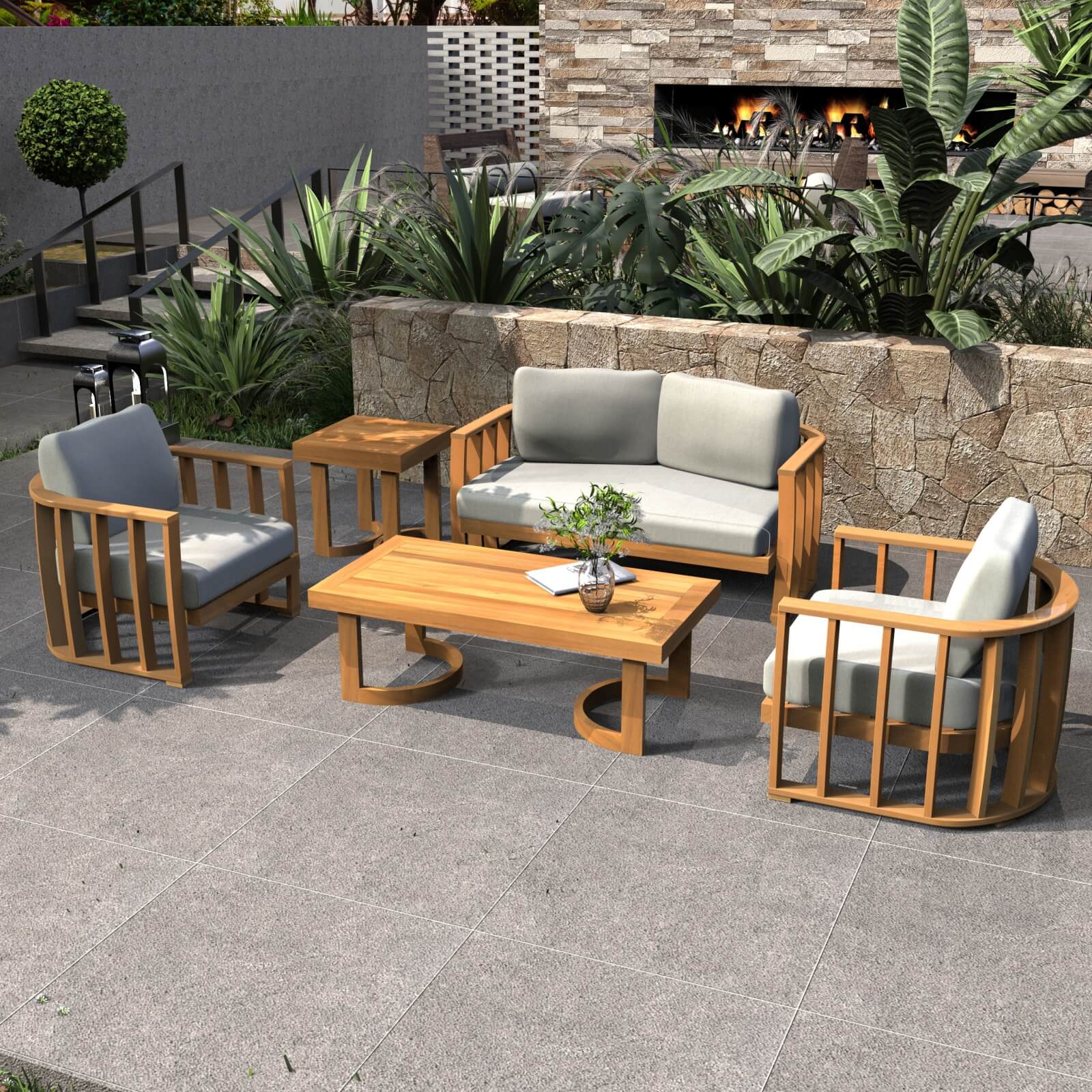 Stylish 5-Piece Acacia Wood Outdoor Sofa Set with Cushions(PAS-2521-19F-2SS+SS*2+TA+ST)