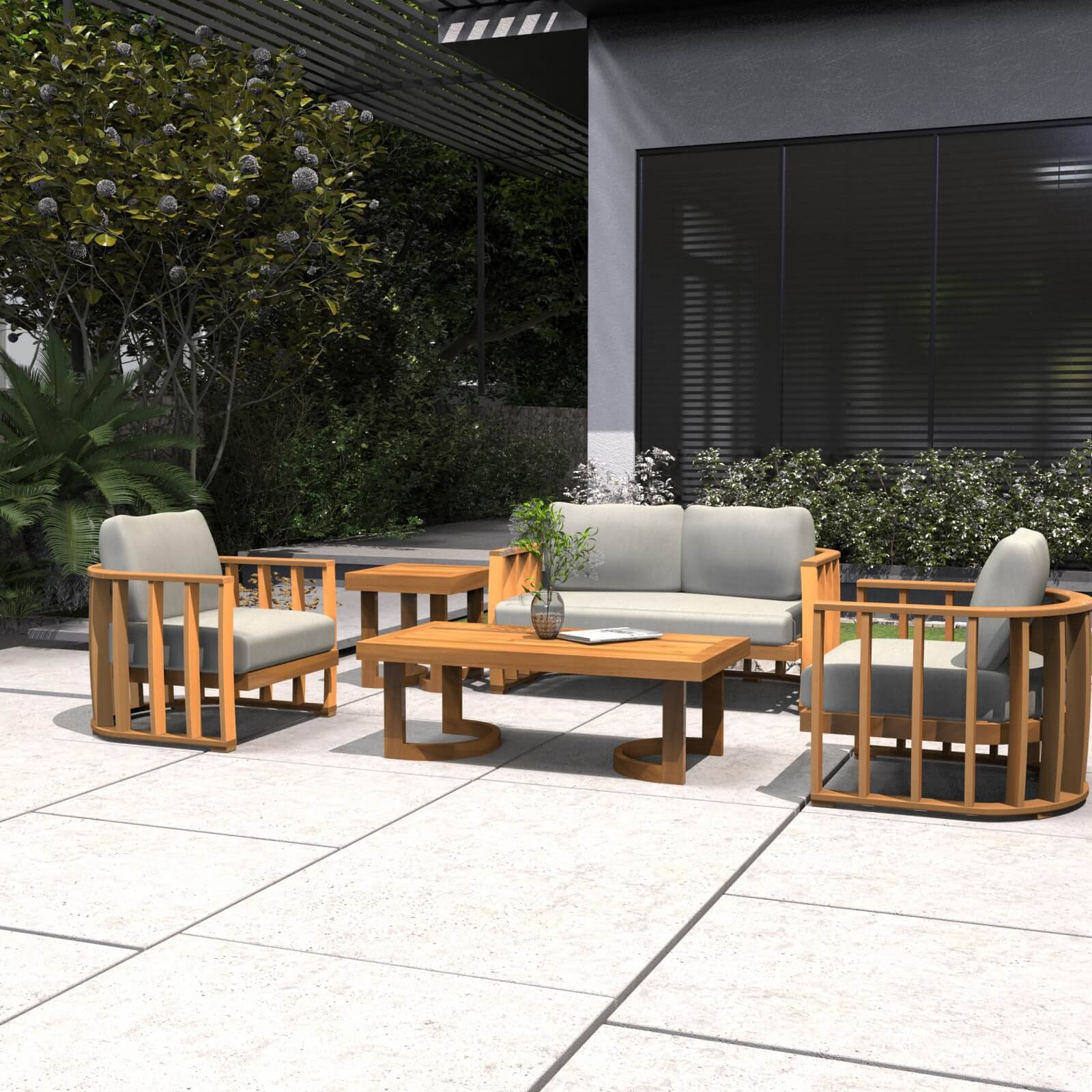 Stylish 5-Piece Acacia Wood Outdoor Sofa Set with Cushions(PAS-2521-19F-2SS+SS*2+TA+ST)