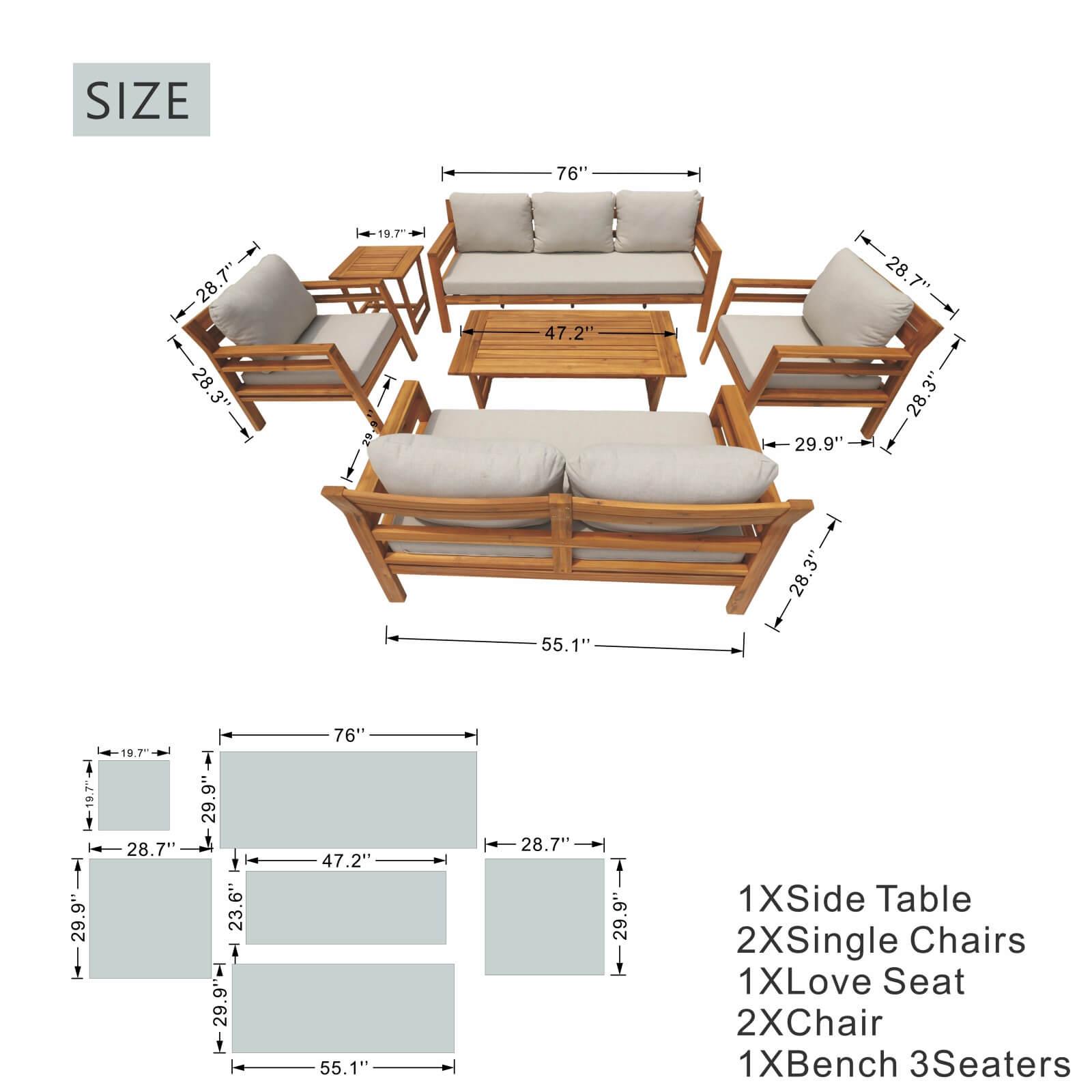 7-Piece Acacia Wood Outdoor Set – Teak Sofas & Tables with Cushions(PAS-2520-19F-3SS+2SS+SS*2+TA+ST)
