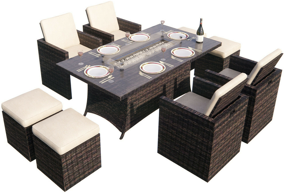 Abrihome 9-Piece Outdoor Rectangle Gas Fire Table Patio Wicker Dining Set (PAG-1106R+3233B)