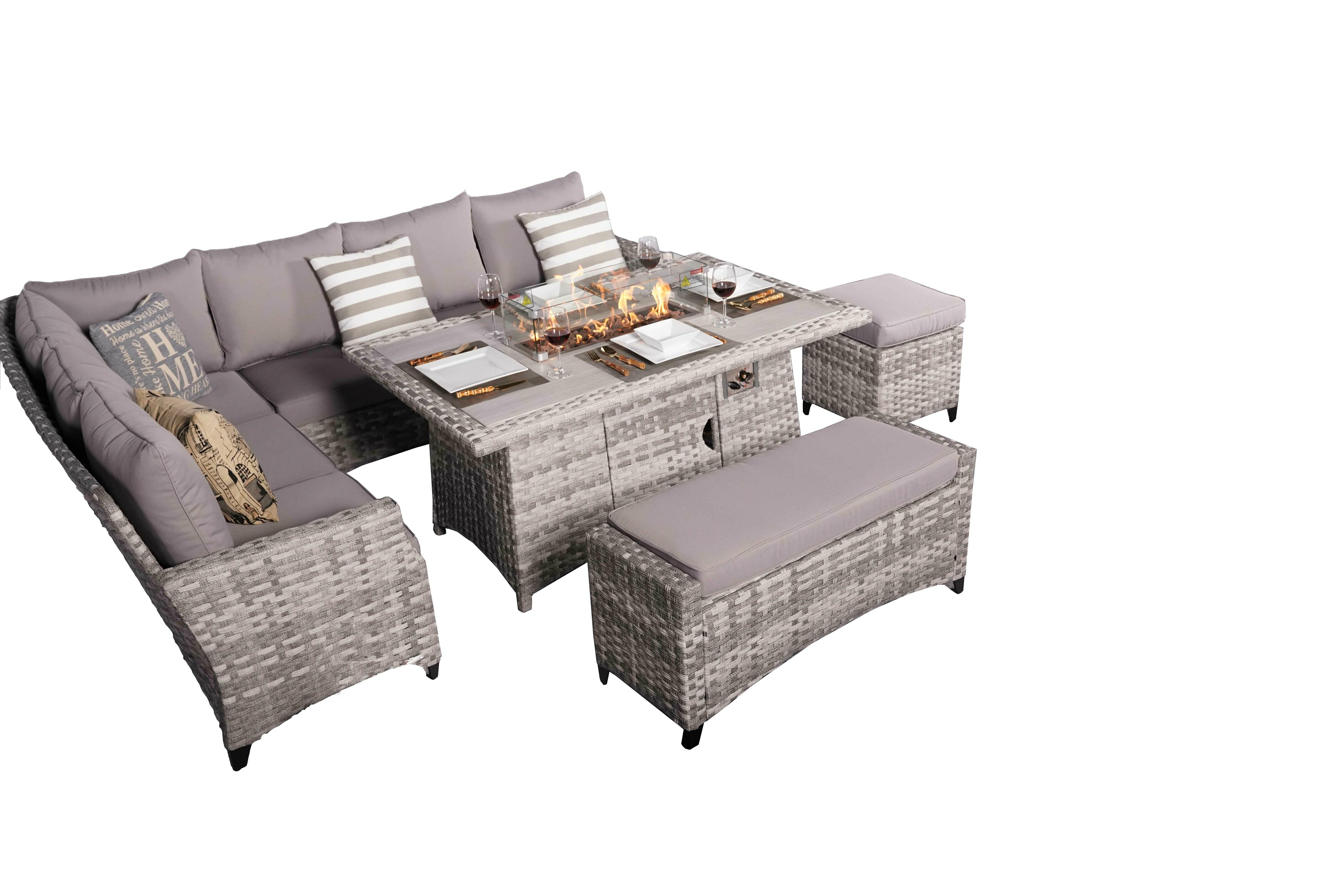 Abrihome New 5-Piece Gray Wicker Outdoor Conversational Sofa Set with Fire Pit Table and Ottoman (PAF-2001)