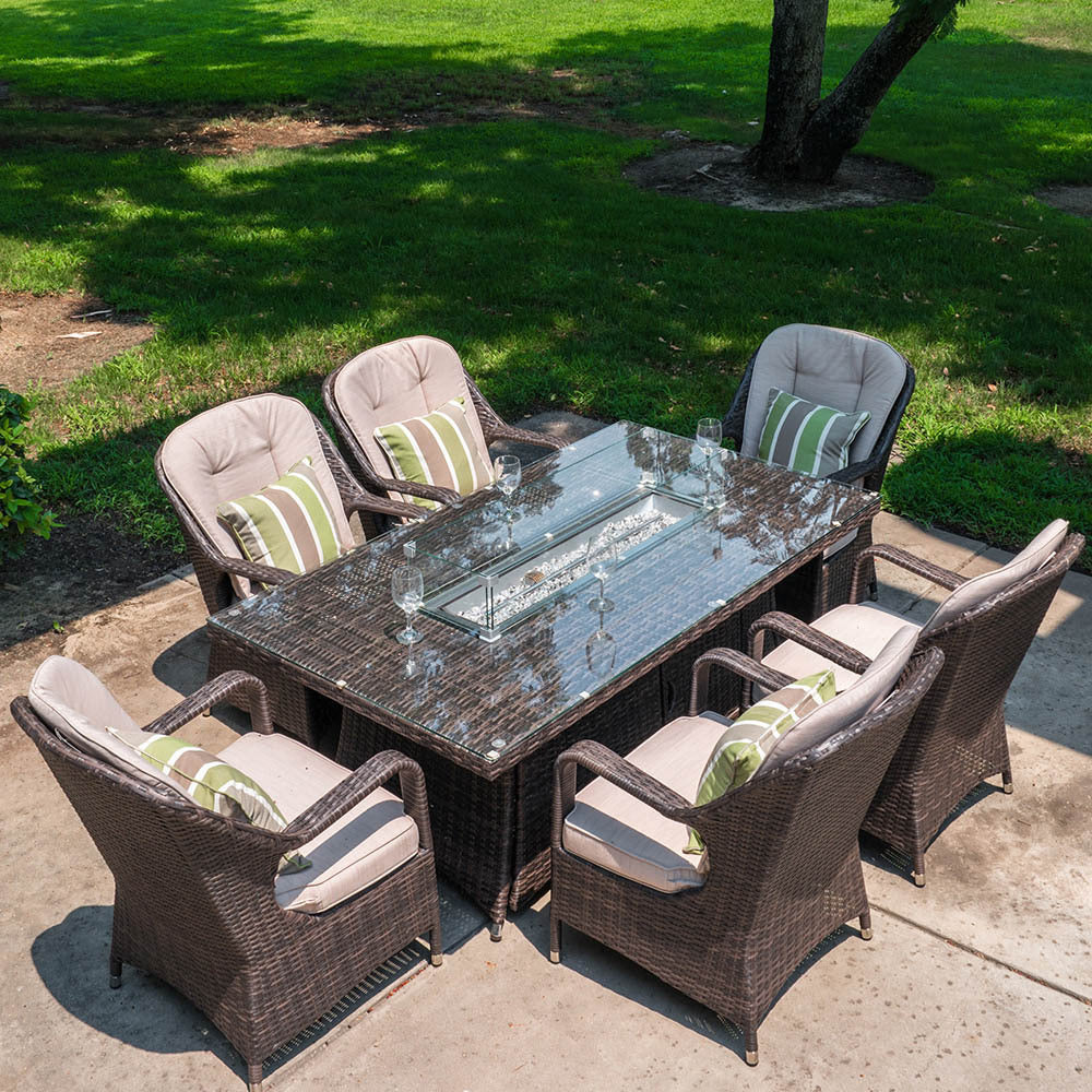 Abrihome Garden Rattan Wicker Outdoor Furniture Patio 6 Seat Rectangular Fire Pit Dining Table With Eton Chair Sale (PAG-1106R+009)