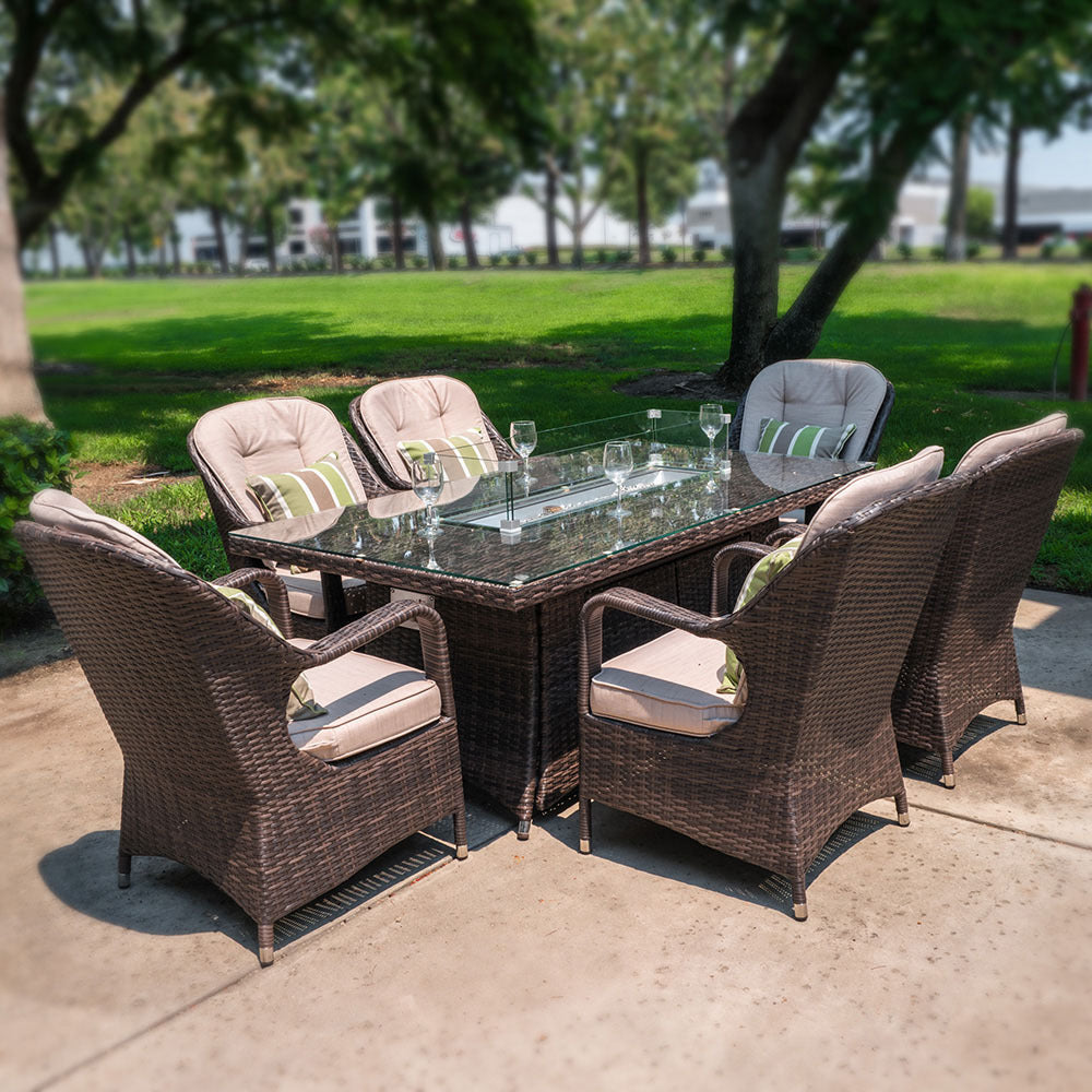Abrihome Garden Rattan Wicker Outdoor Furniture Patio 6 Seat Rectangular Fire Pit Dining Table With Eton Chair Sale (PAG-1106R+009)