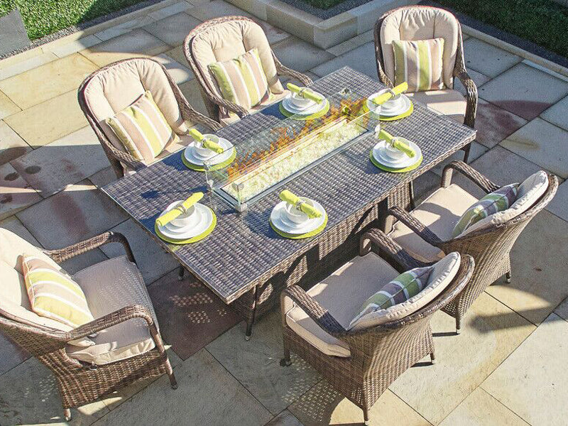 Abrihome Garden Rattan Wicker Outdoor Furniture Patio 6 Seat Rectangular Fire Pit Dining Table With Eton Chair Sale (PAG-1106R+009)