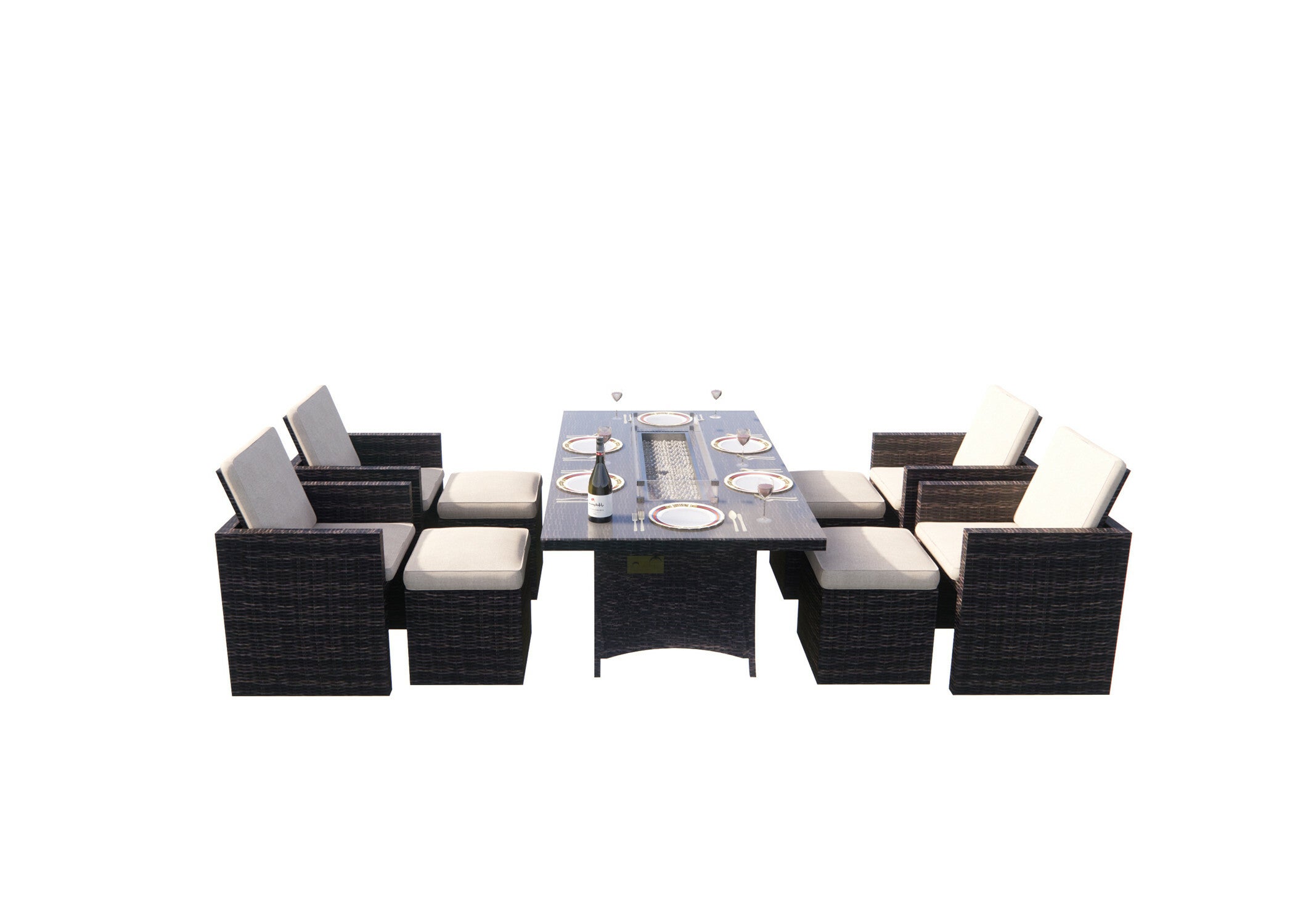 Abrihome 9-Piece Outdoor Rectangle Gas Fire Table Patio Wicker Dining Set (PAG-1106R+3233B)