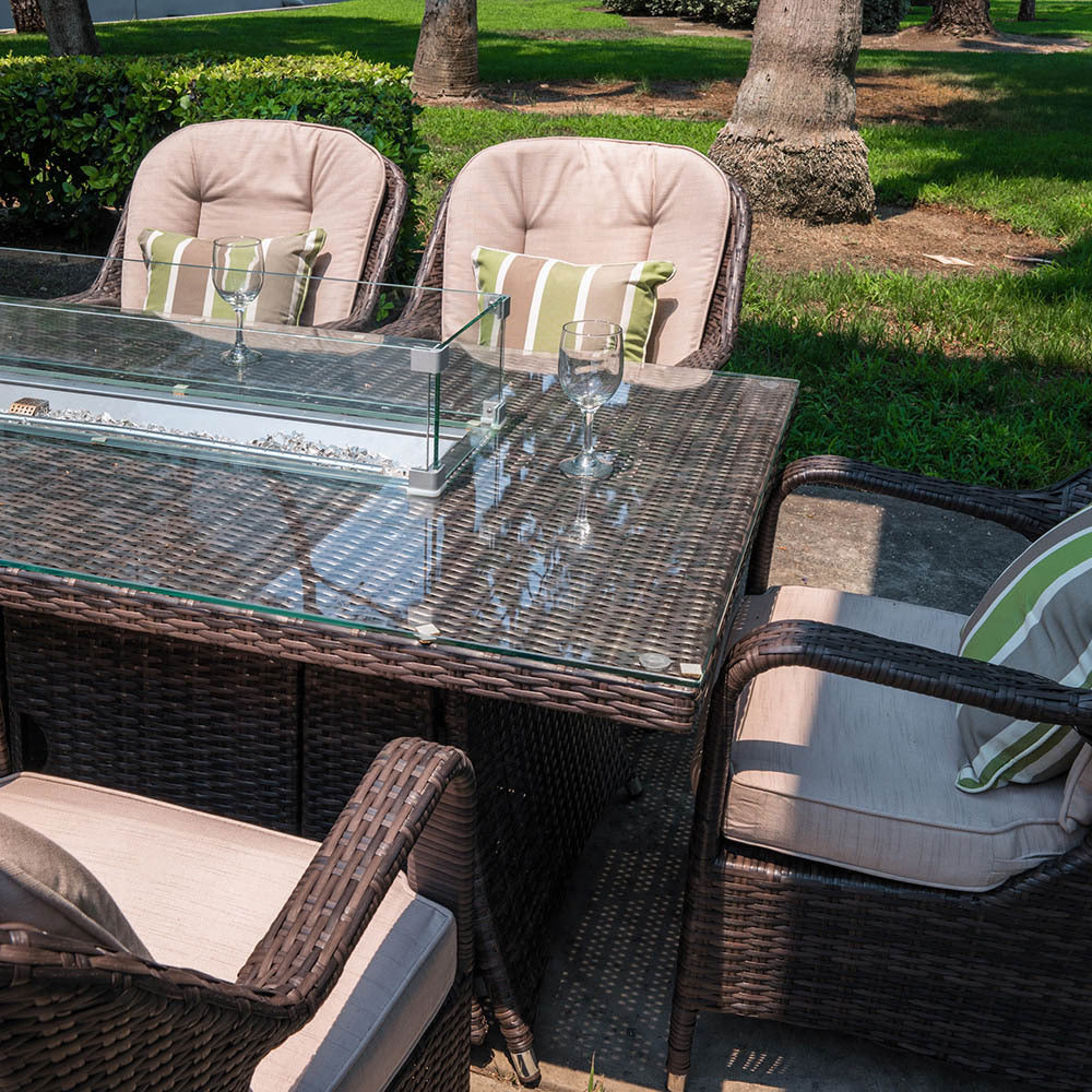 Abrihome Garden Rattan Wicker Outdoor Furniture Patio 6 Seat Rectangular Fire Pit Dining Table With Eton Chair Sale (PAG-1106R+009)