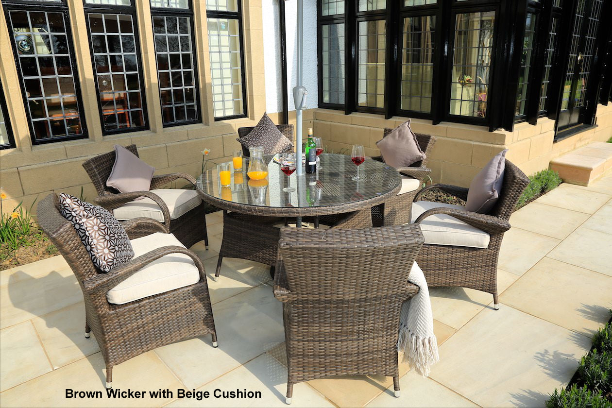 Abrihome Garden Rattan Outdoor Furniture Patio Brown Wicker 7 Pieces Round Table Patio Dining Set (PAD-1122)