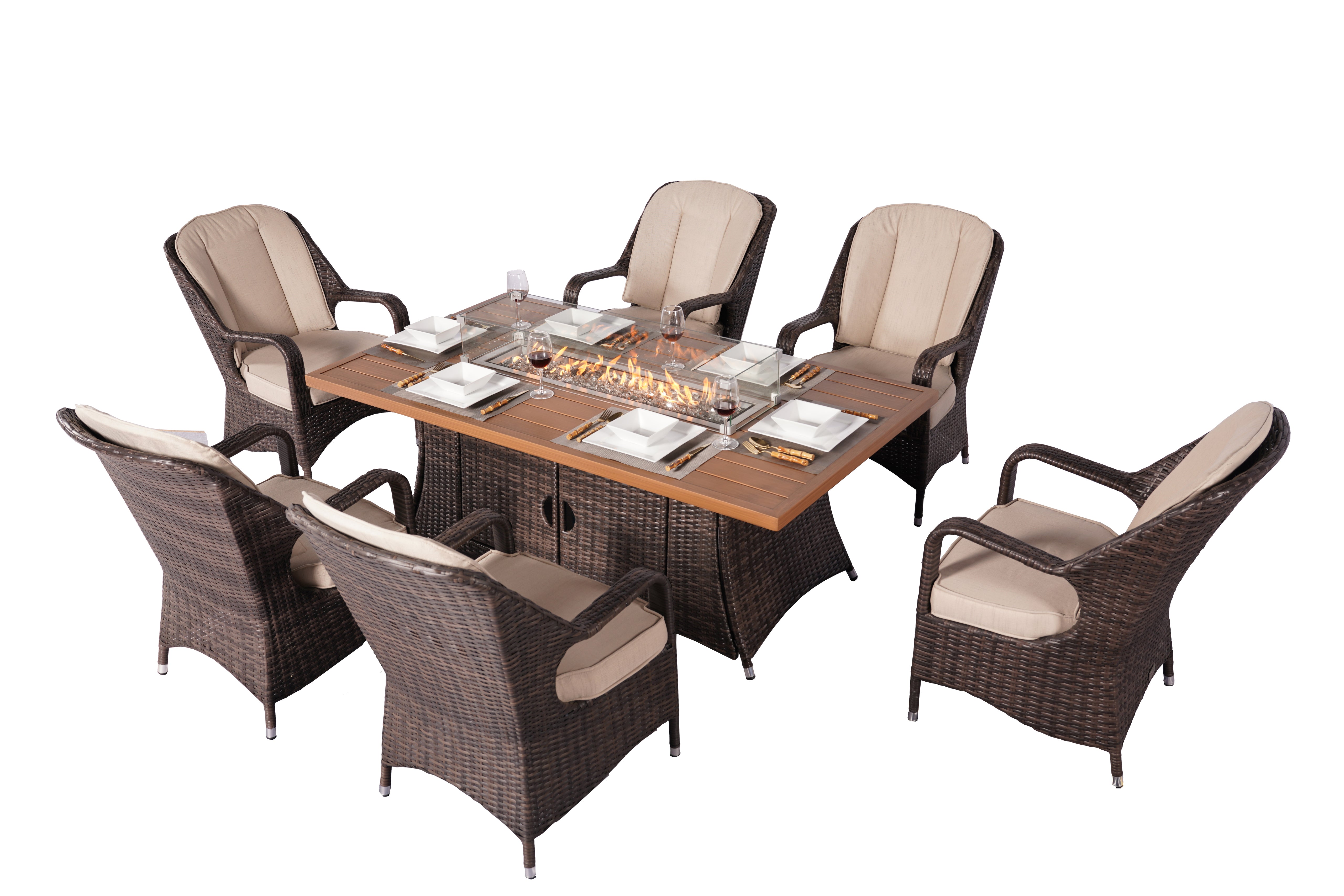 NEW Elegant PE Wicker and Aluminium Patio Dining Sets with Fire Pit Table