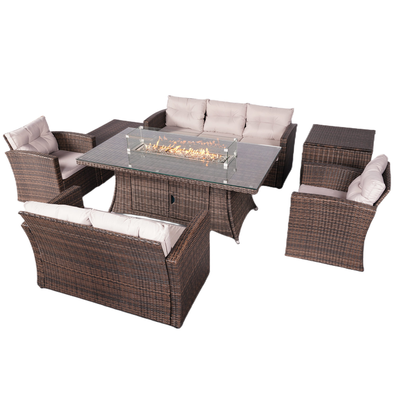Abrihome Outdoor Brown 7-Piece Wicker Patio Fire Pit Conversation Set with Gray Cushions (PAG-1106R-1503)