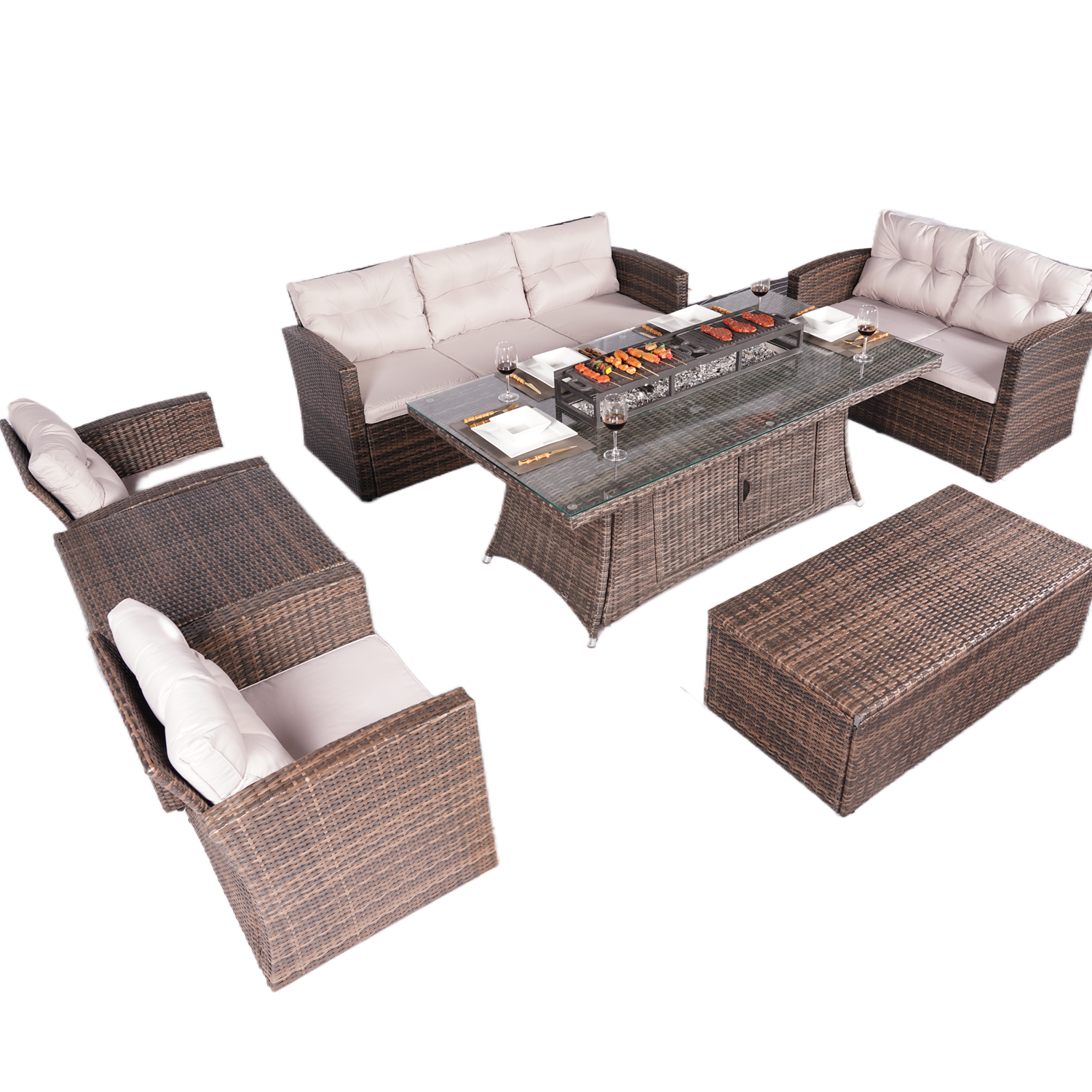 Abrihome Outdoor Brown 7-Piece Wicker Patio Fire Pit Conversation Set with Gray Cushions (PAG-1106R-1503)