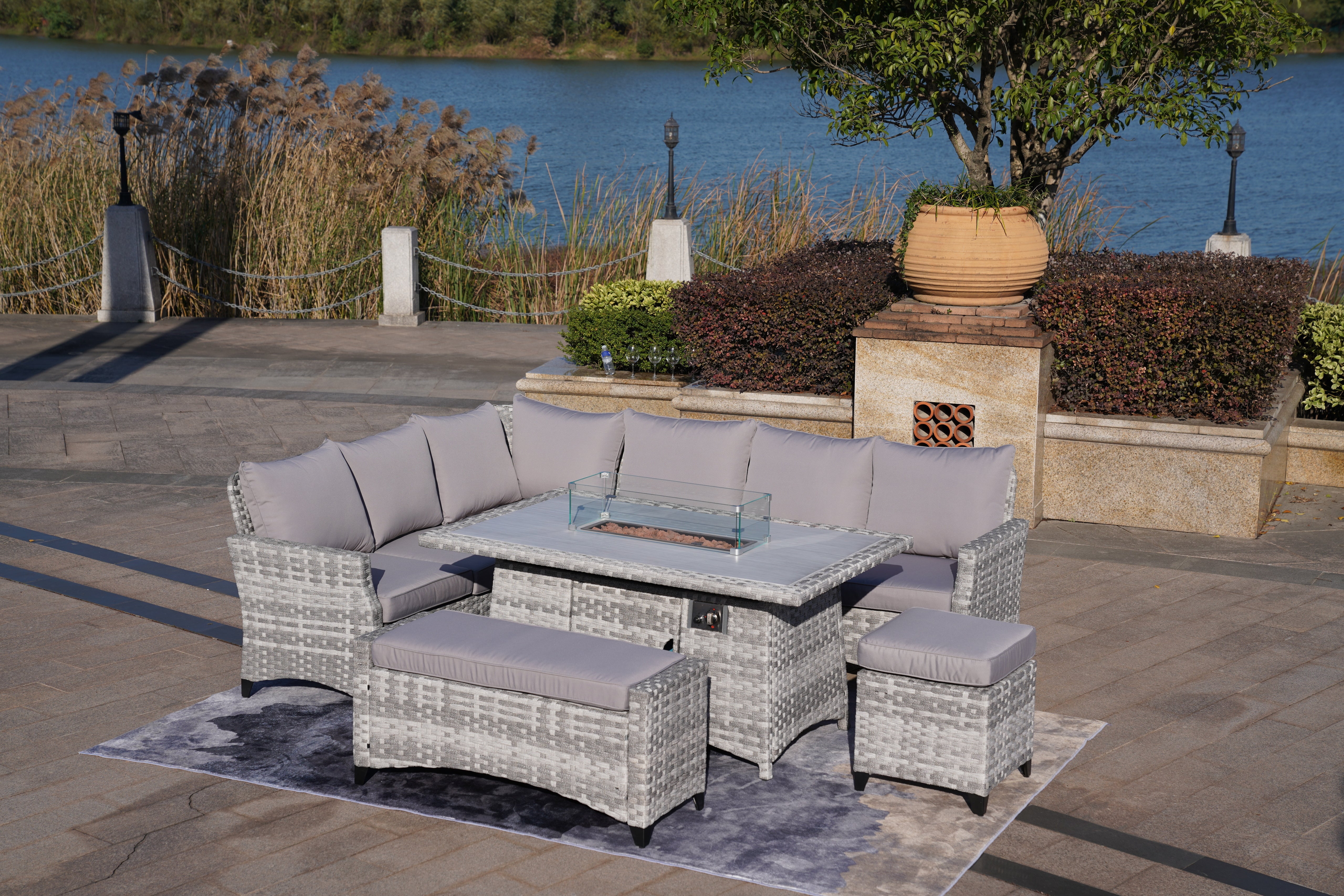 New 5-Piece Gray Wicker Outdoor Conversational Sofa Set with Fire Pit Table and Ottoman