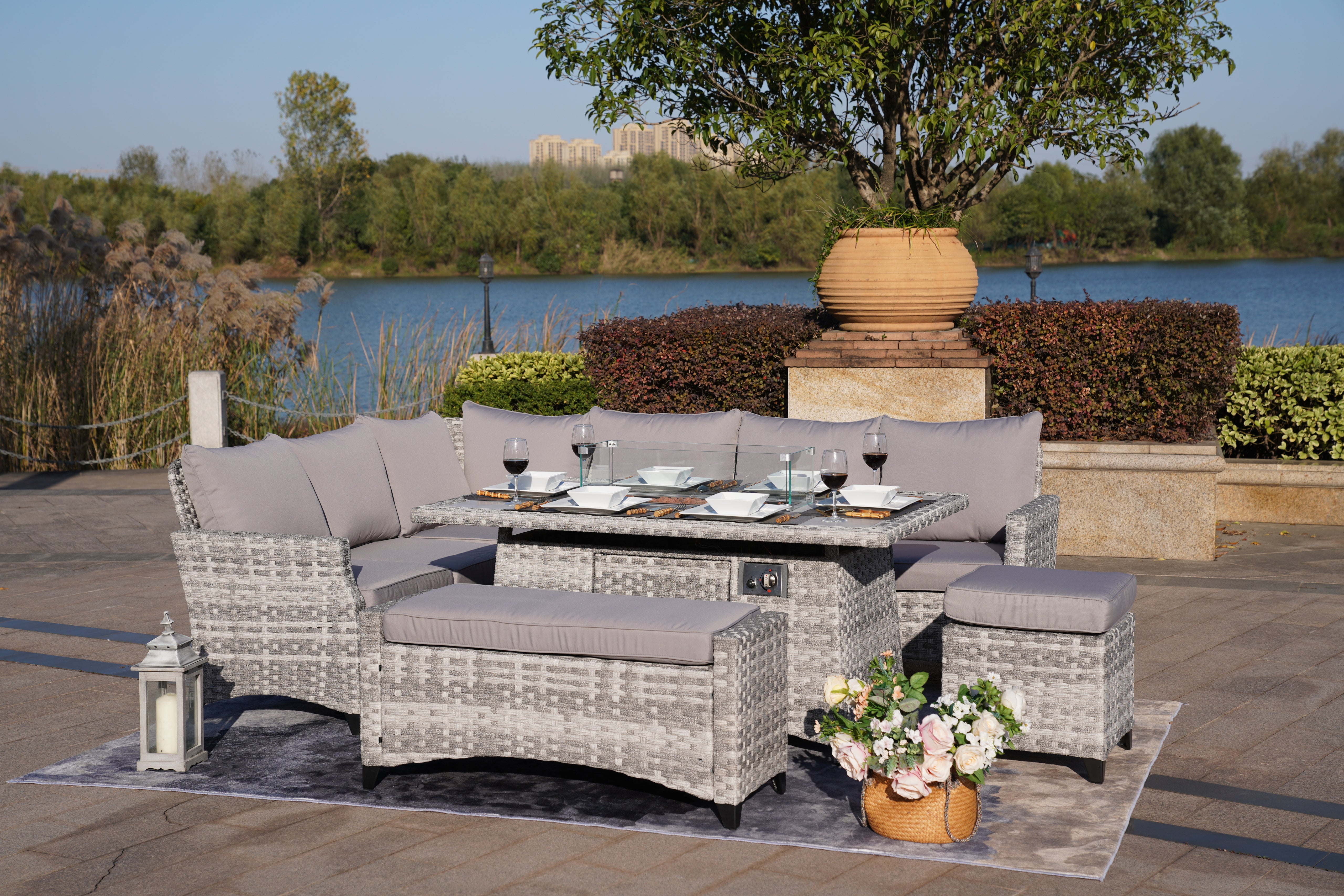 Abrihome New 5-Piece Gray Wicker Outdoor Conversational Sofa Set with Fire Pit Table and Ottoman (PAF-2001)
