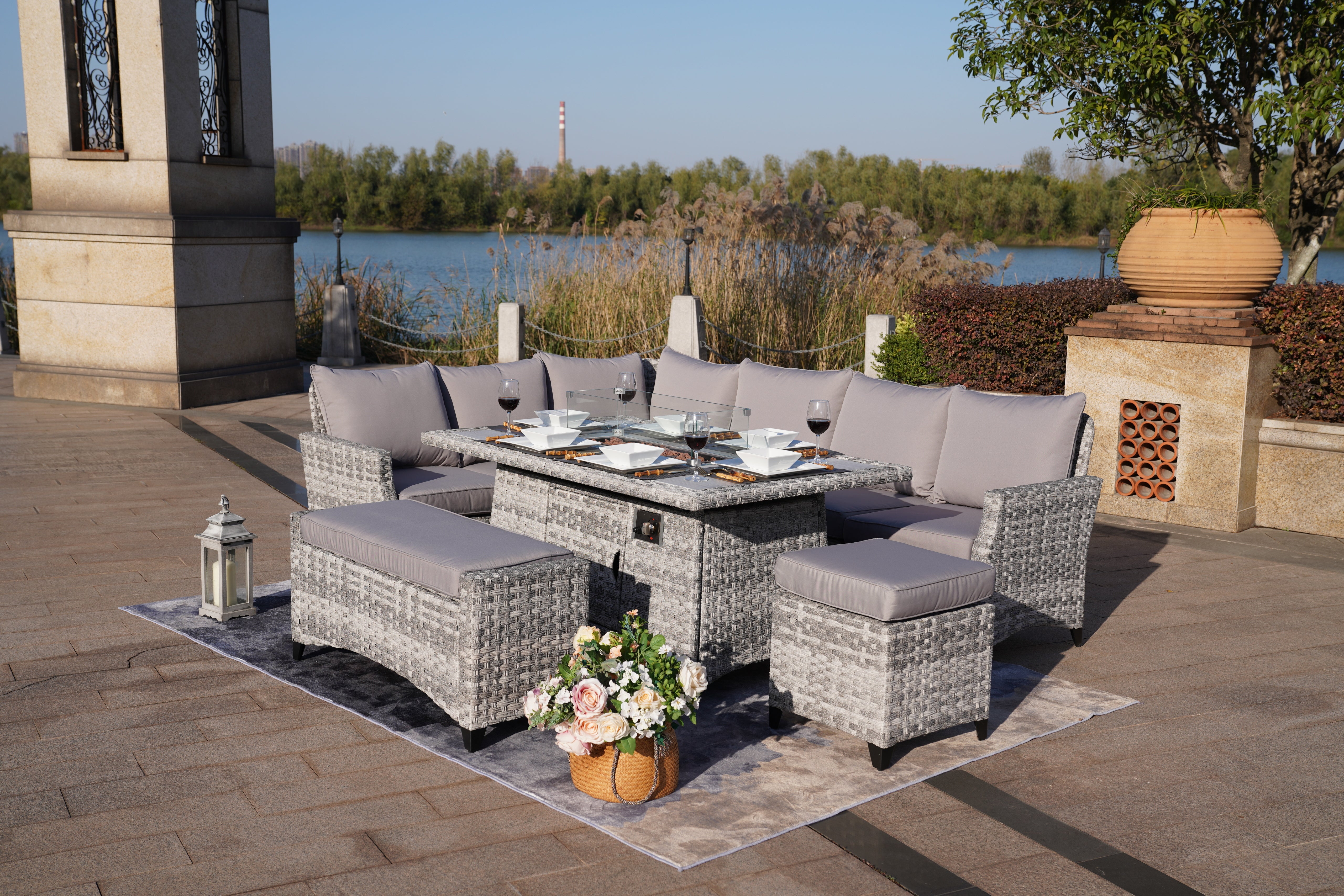 Abrihome New 5-Piece Gray Wicker Outdoor Conversational Sofa Set with Fire Pit Table and Ottoman (PAF-2001)