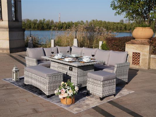 Abrihome New 5-Piece Gray Wicker Outdoor Conversational Sofa Set with Fire Pit Table and Ottoman (PAF-2001)