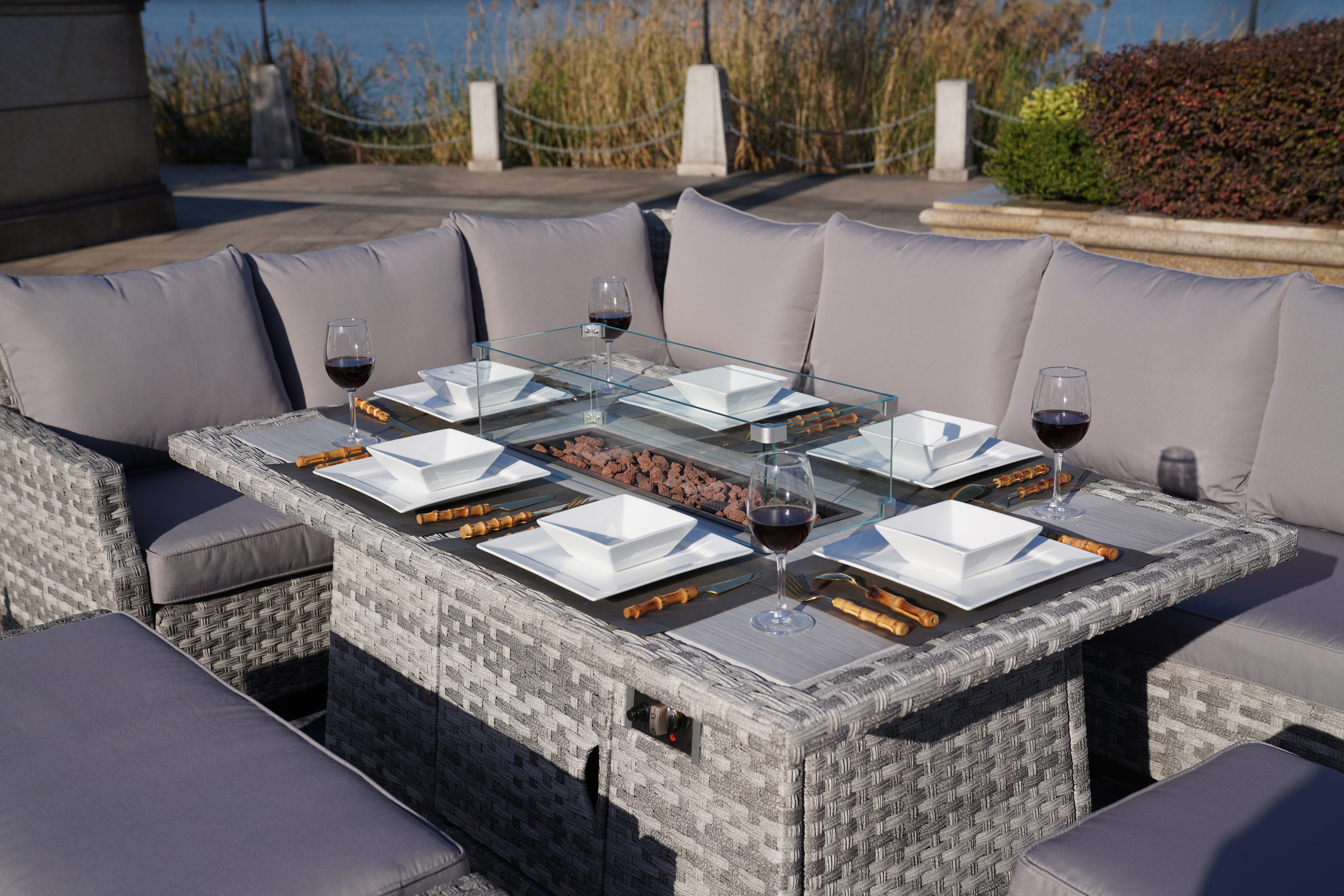 New 5-Piece Gray Wicker Outdoor Conversational Sofa Set with Fire Pit Table and Ottoman