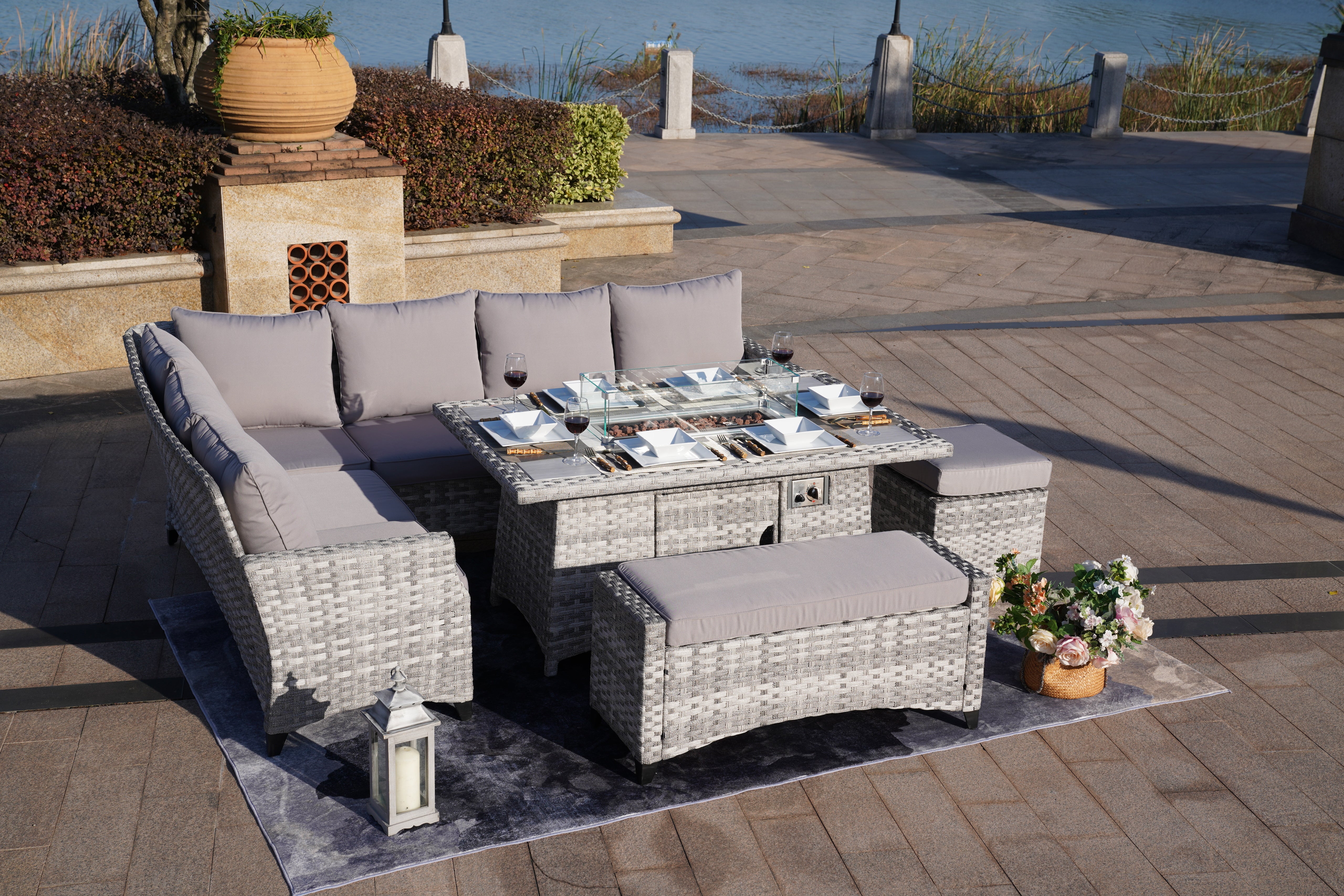 Abrihome New 5-Piece Gray Wicker Outdoor Conversational Sofa Set with Fire Pit Table and Ottoman (PAF-2001)