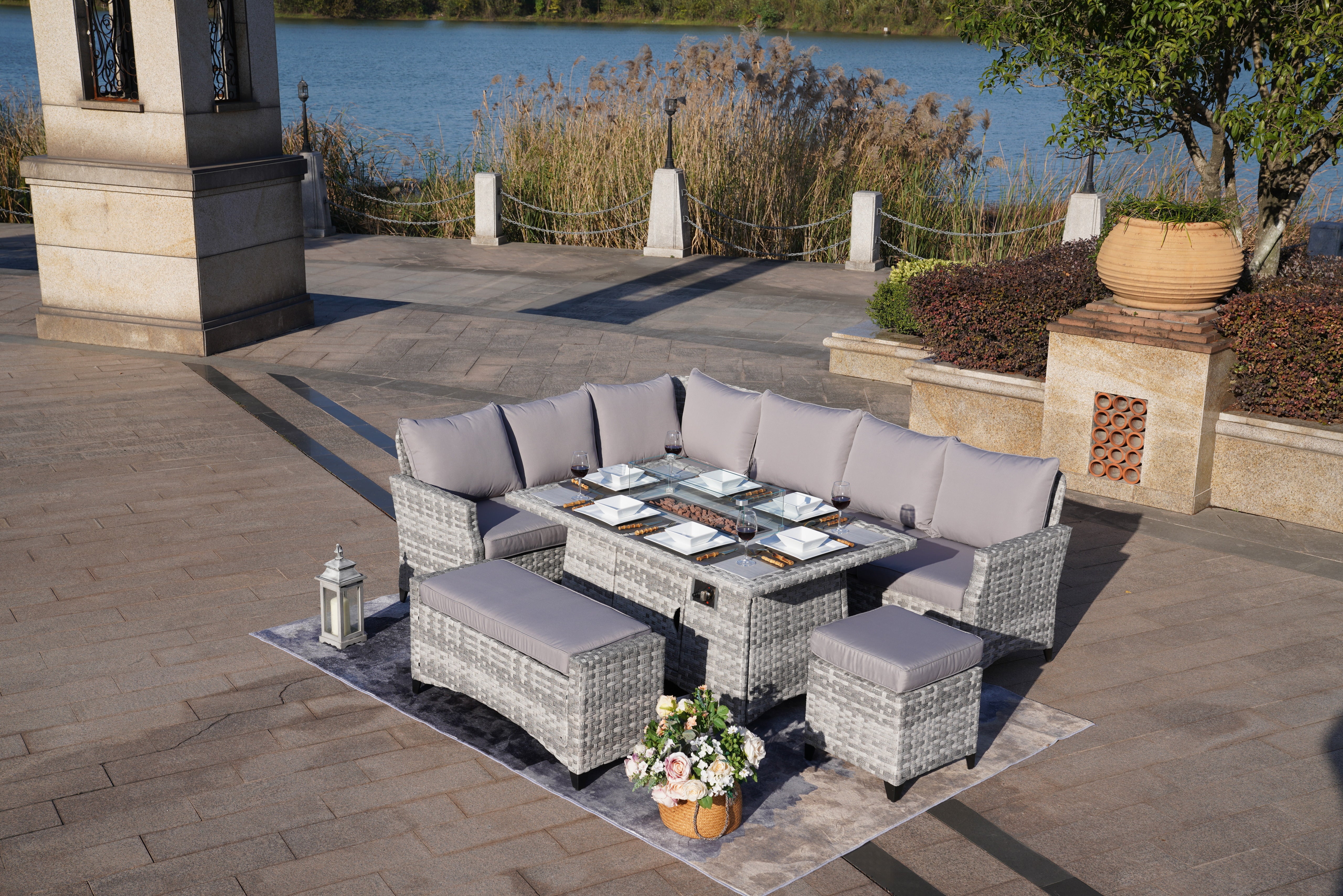 Abrihome New 5-Piece Gray Wicker Outdoor Conversational Sofa Set with Fire Pit Table and Ottoman (PAF-2001)