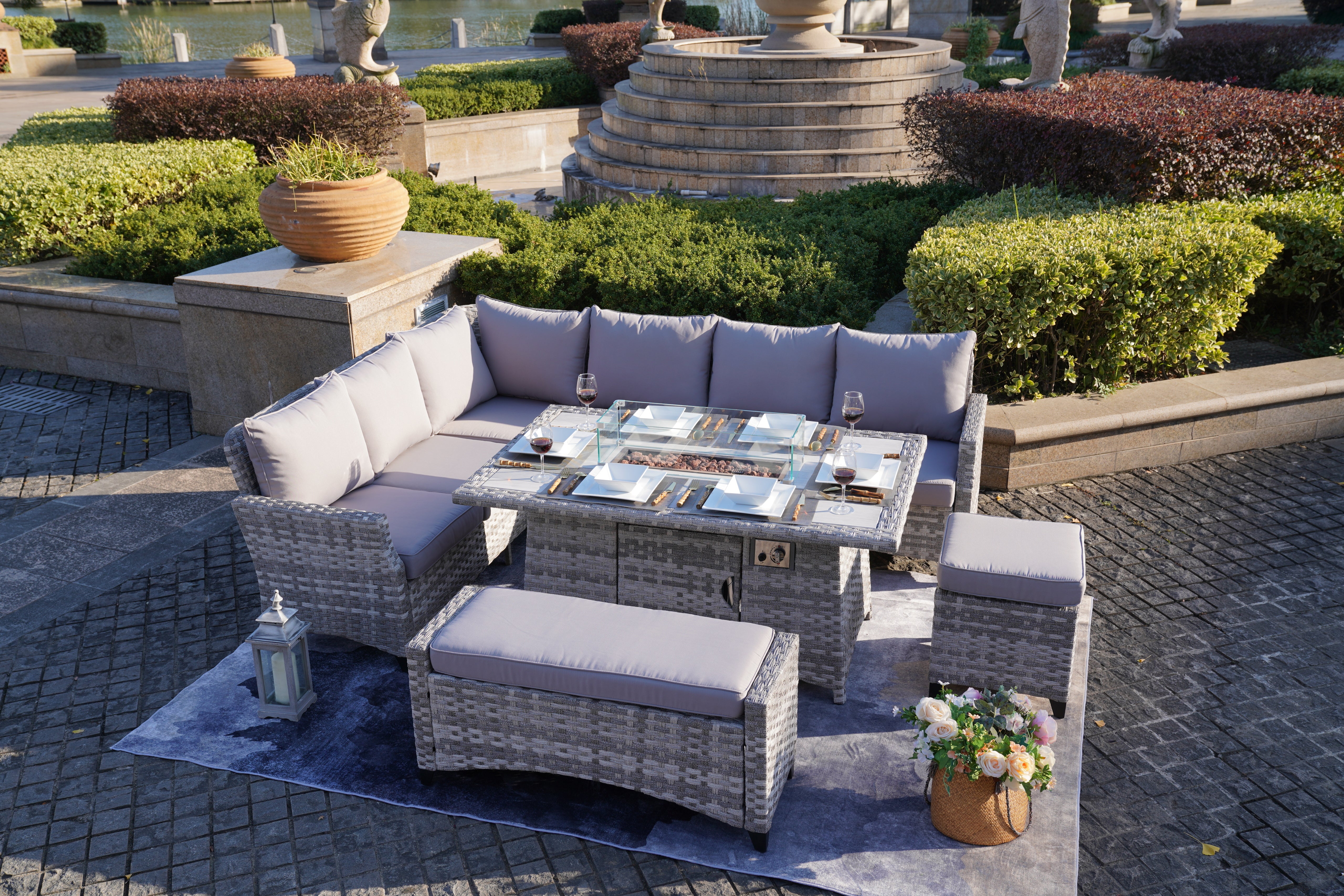 Abrihome New 5-Piece Gray Wicker Outdoor Conversational Sofa Set with Fire Pit Table and Ottoman (PAF-2001)