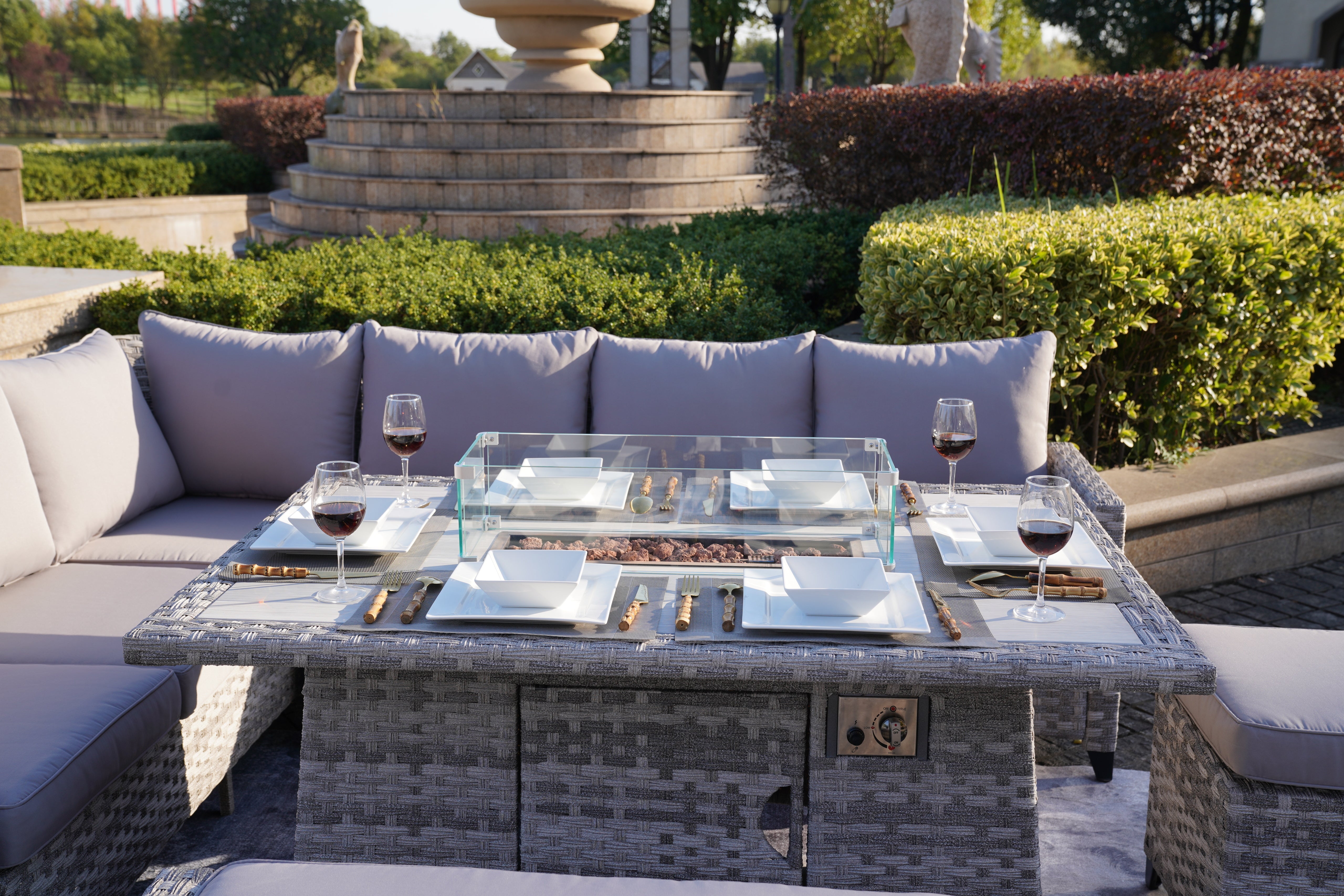 Abrihome New 5-Piece Gray Wicker Outdoor Conversational Sofa Set with Fire Pit Table and Ottoman (PAF-2001)