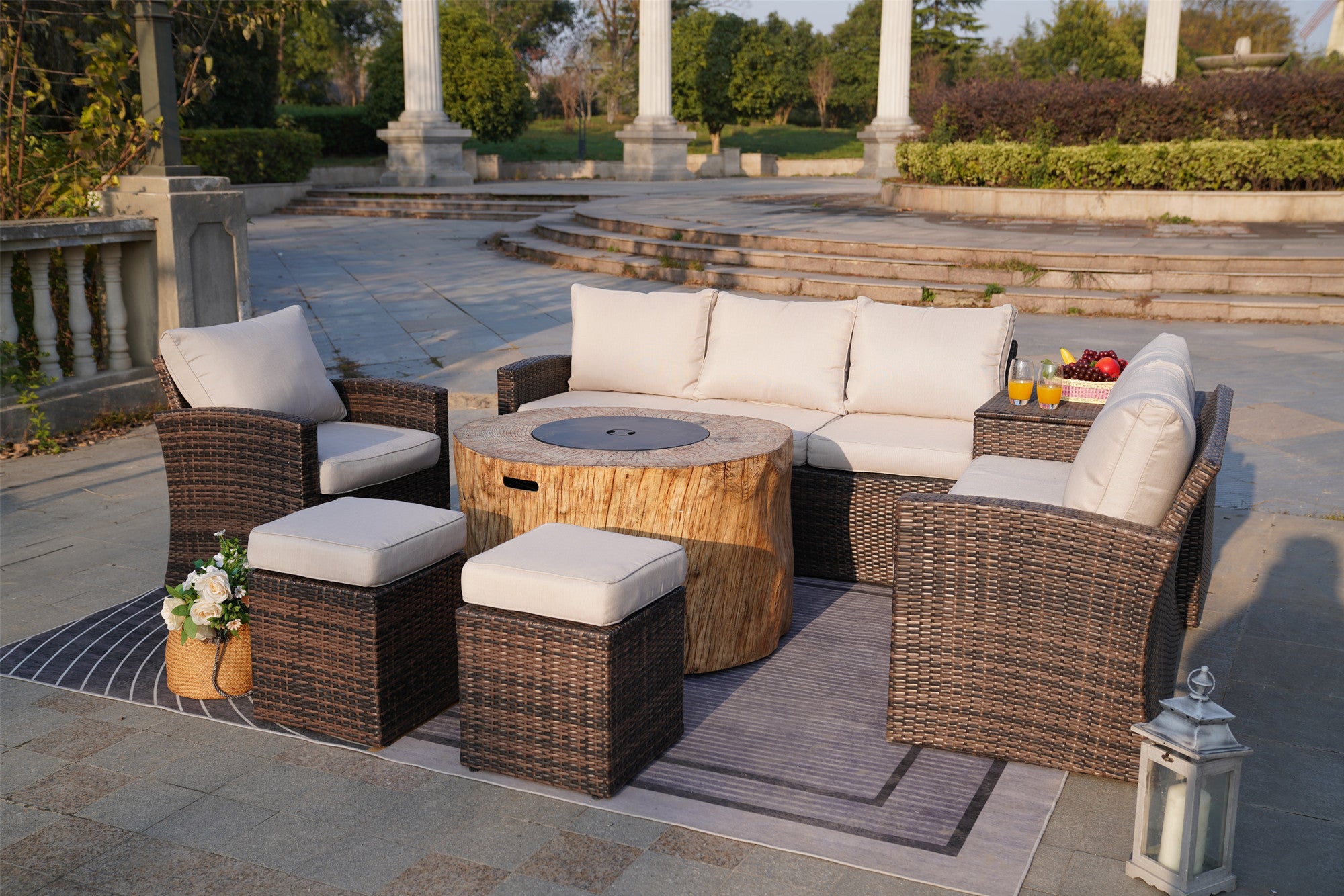 Abrihome Aurora 7PCS Patio Garden Rattan Wicker Dining Sofa Fire Table Set (PAS-1403B+2180)
